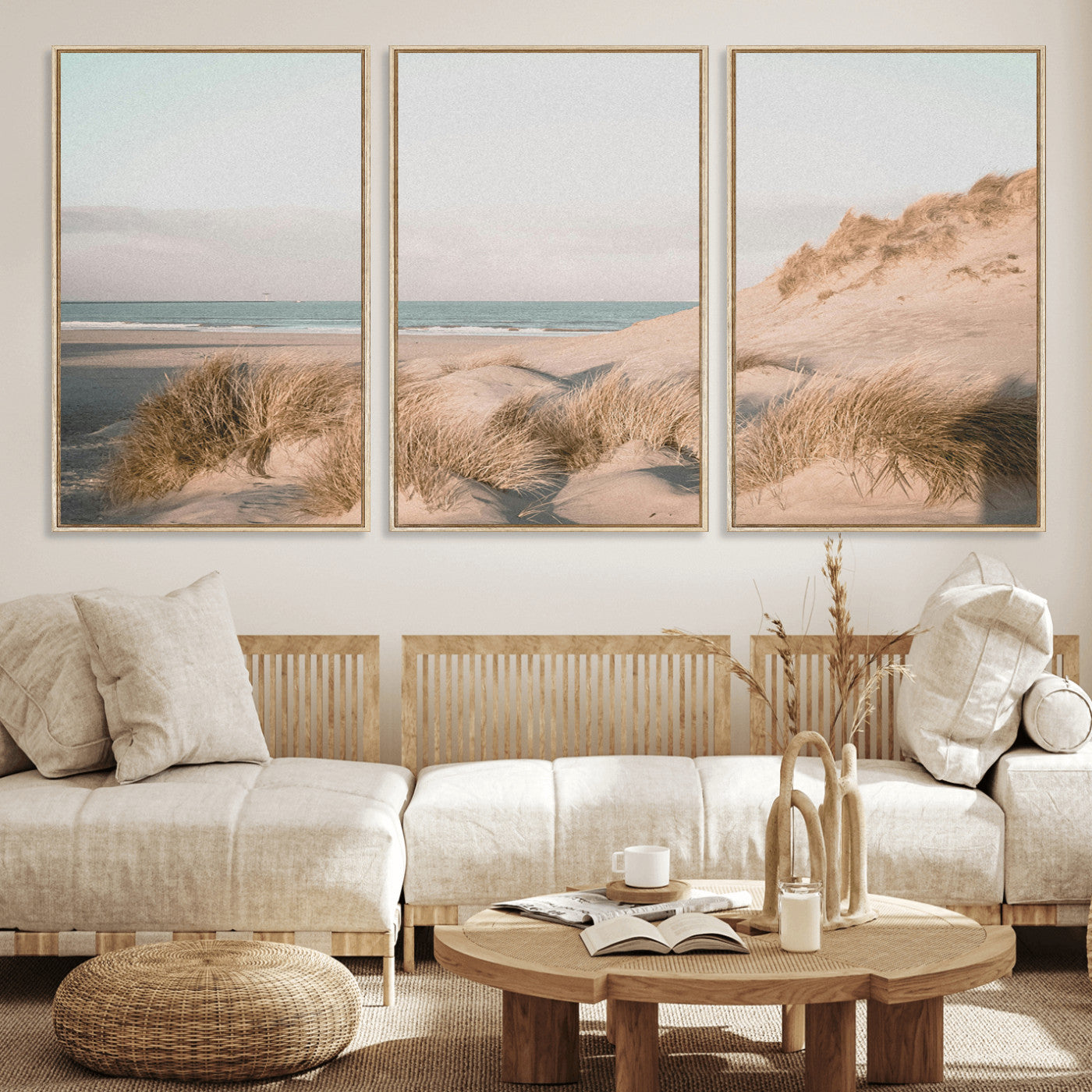28064037-MGV-FC-60X30-3P_Natural-Minimalist Seascape Wall Art Canvas Print, Framed Neutral Beach Print Art Picture Print, Sand Dune Photography Perfect