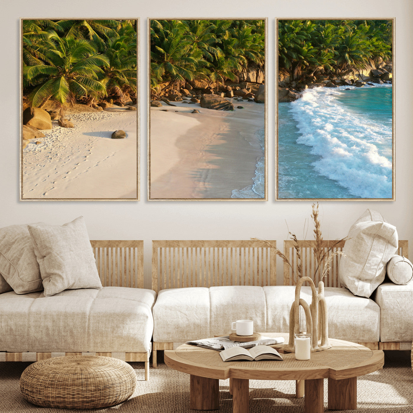 82312665-MGV-FC-60X30-3P_Natural-Tropical Beach Wall Art Canvas Print, Framed Ocean Waves Art Picture Print, Palm Trees Perfect Coastal Minimalist Decor Artwork