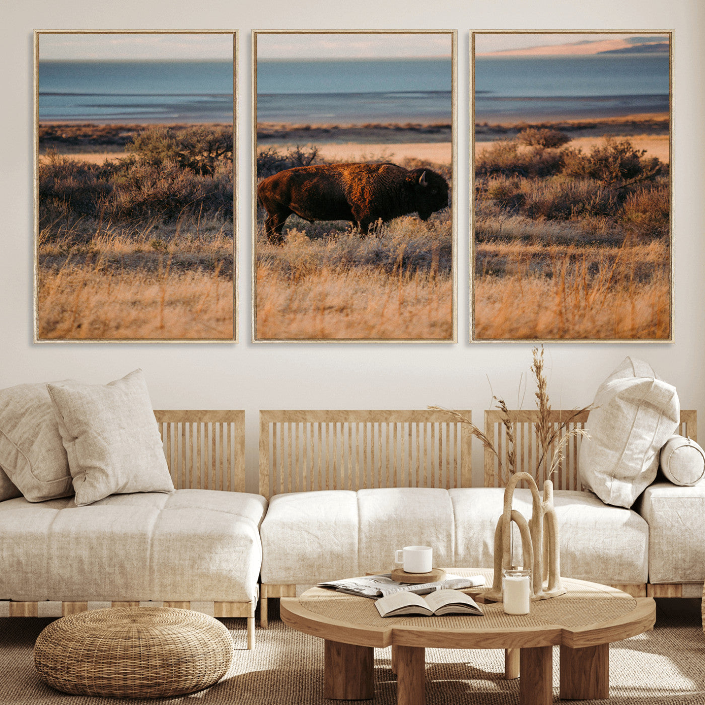 39509187-MGV-FC-60X30-3P_Natural-Western Wildlife Wall Art Canvas Print, Framed Bison Art Picture Print, Golden Hour Perfect Western Rustic Decor Artwork