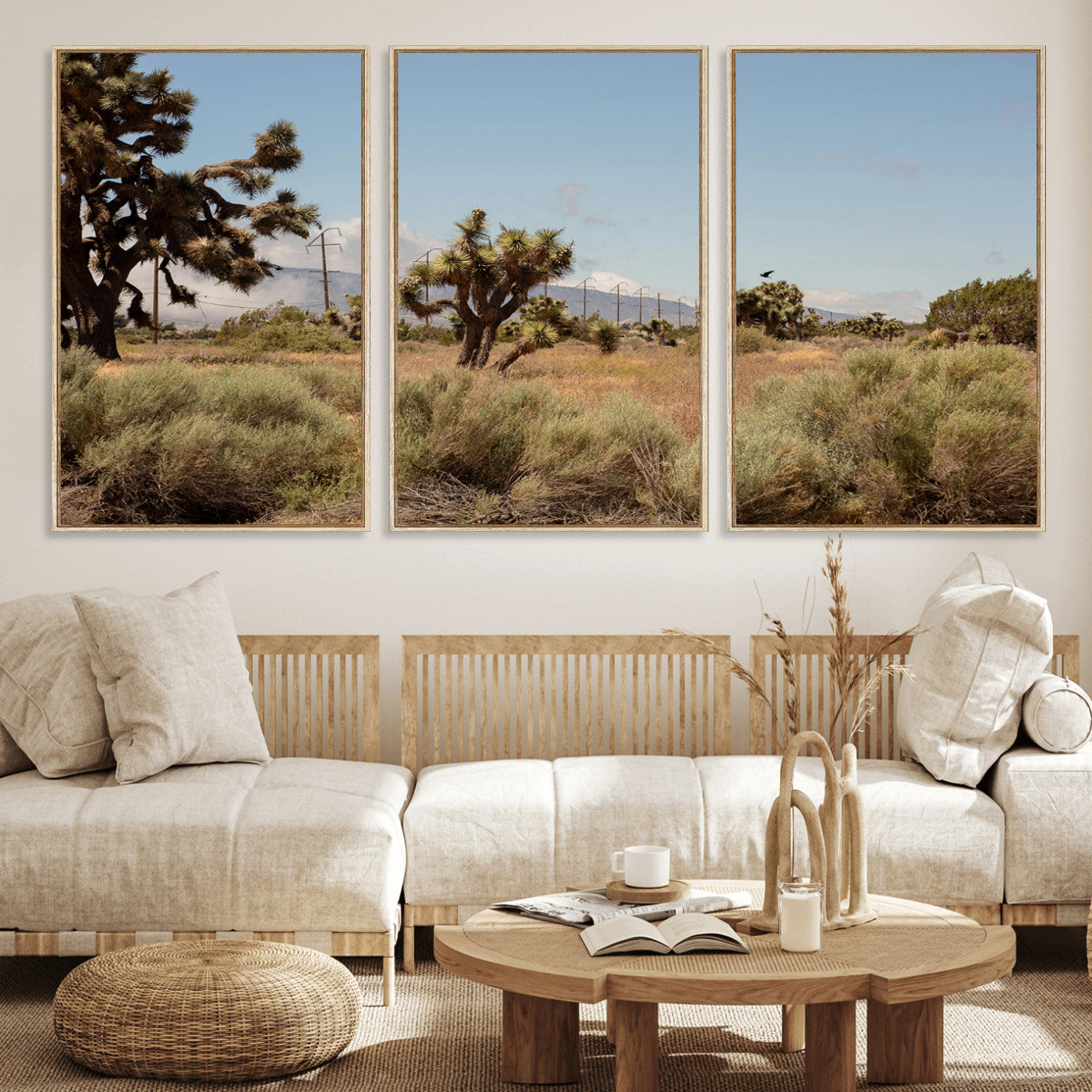 16114018-MGV-FC-60X30-3P_Natural-Joshua Tree Wall Art Canvas Print, Framed Desert Landscape Art Picture Print, Mountain Horizon Perfect Southwestern Boho Decor
