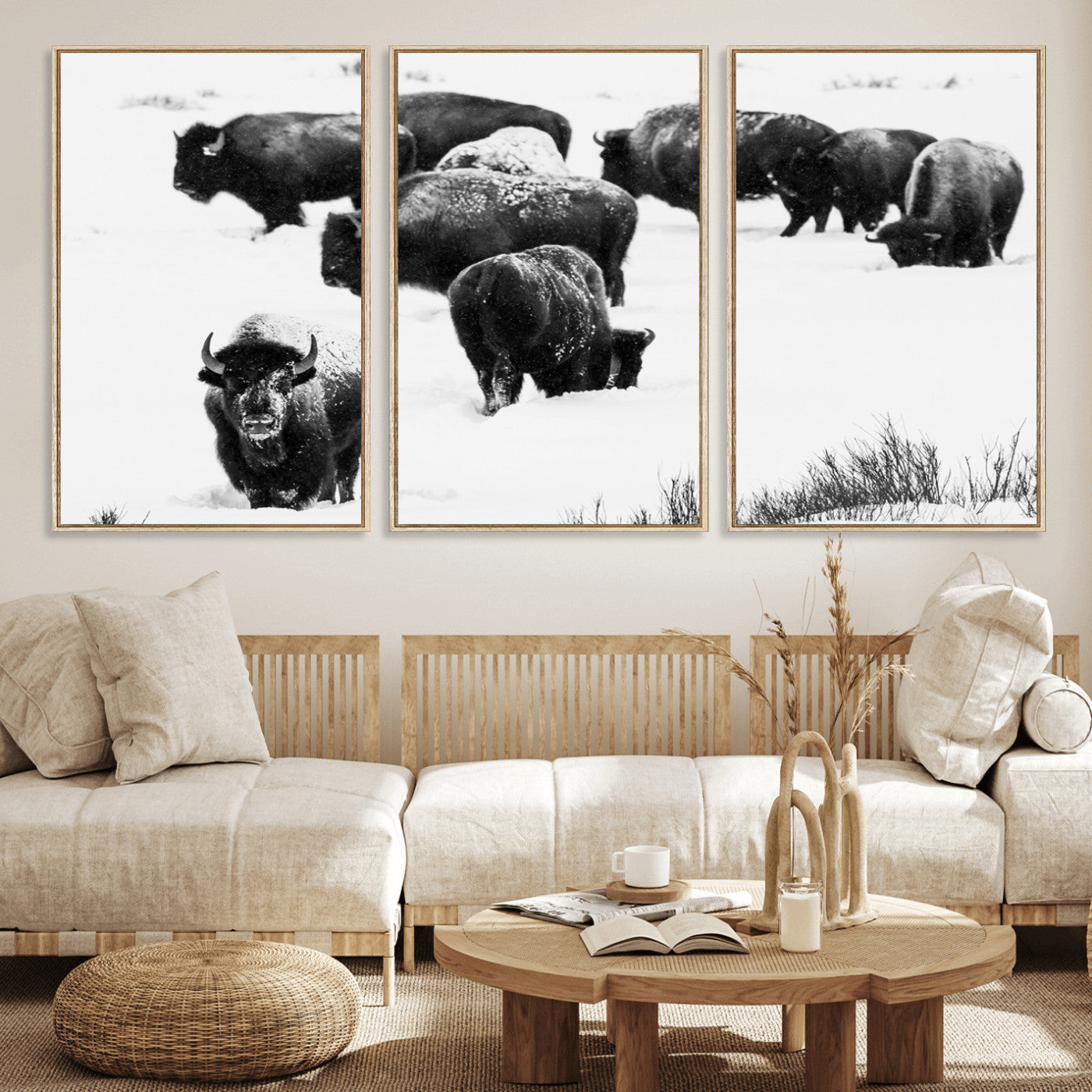18914414-MGV-FC-60X30-3P_Natural-Buffalo Herd Wall Art Canvas Print, Framed Black and White Art Picture Print, Snowy Landscape Perfect Rustic Lodge Decor Decor