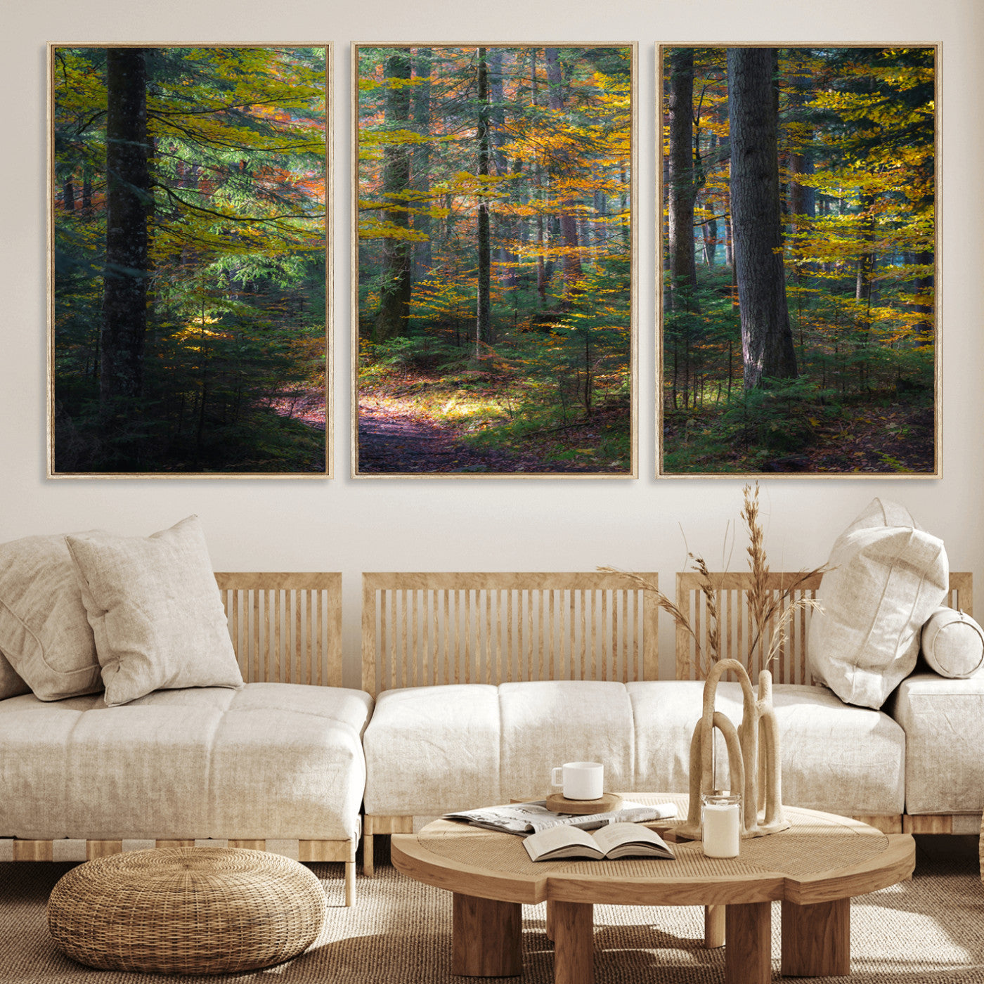 65810864-MGV-FC-60X30-3P_Natural-Autumn Forest Wall Art Canvas Print, Framed Fall Woodland Art Picture Print, Golden Leaves Perfect Rustic Farmhouse Decor Artwork