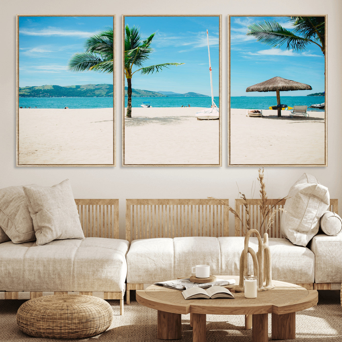 42623350-MGV-FC-60X30-3P_Natural-Tropical Beach Wall Art Canvas Print, Framed Palm Tree Art Picture Print, Ocean View Perfect Tropical Coastal Decor Artwork