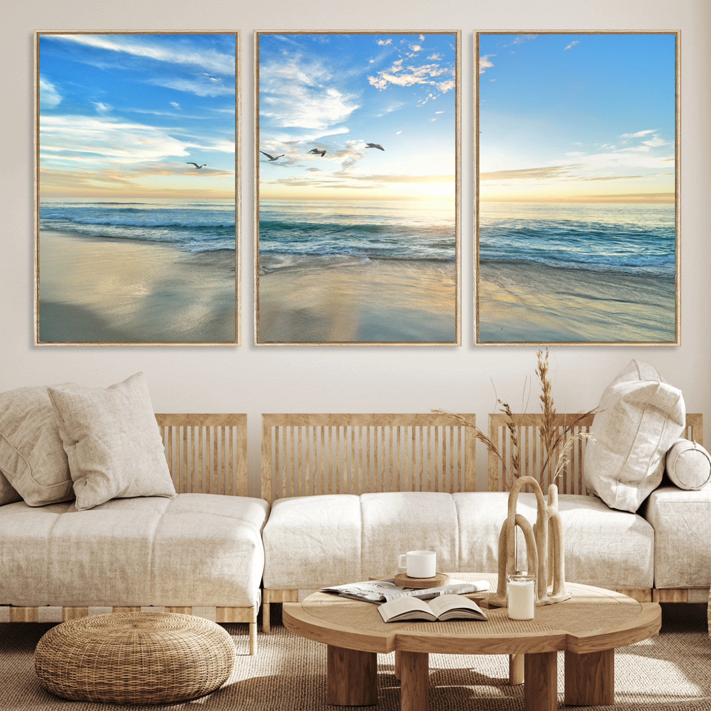 20708696-MGV-CV-36X24-Minimalist Seaside Wall Art Canvas Print, Framed Morning Glow Art Picture Print, Golden Reflections Perfect Coastal Minimalist