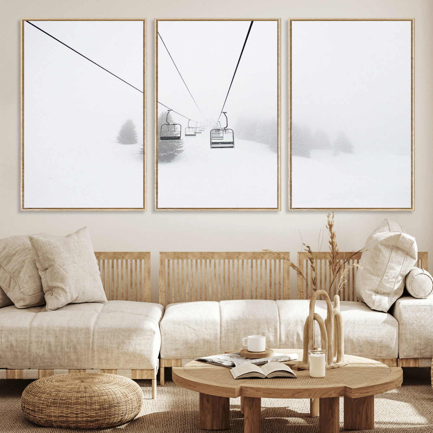 20216390-MGV-FC-60X30-3P_Natural-Ski Lift Wall Art Canvas Print, Framed Snowy Landscape Art Picture Print, Alpine Adventure Perfect Nordic Minimalist Decor Artwork