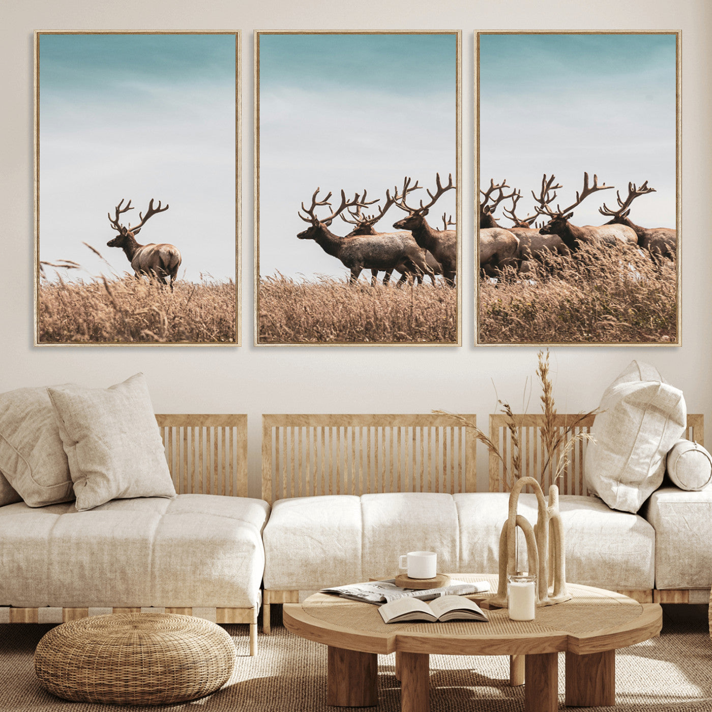 81594705-MGV-FC-60X30-3P_Natural-Elk Herd Wall Art Canvas Print, Framed Wildlife Photography Art Picture Print, Rustic Nature Print Perfect Rustic Wildlife Decor