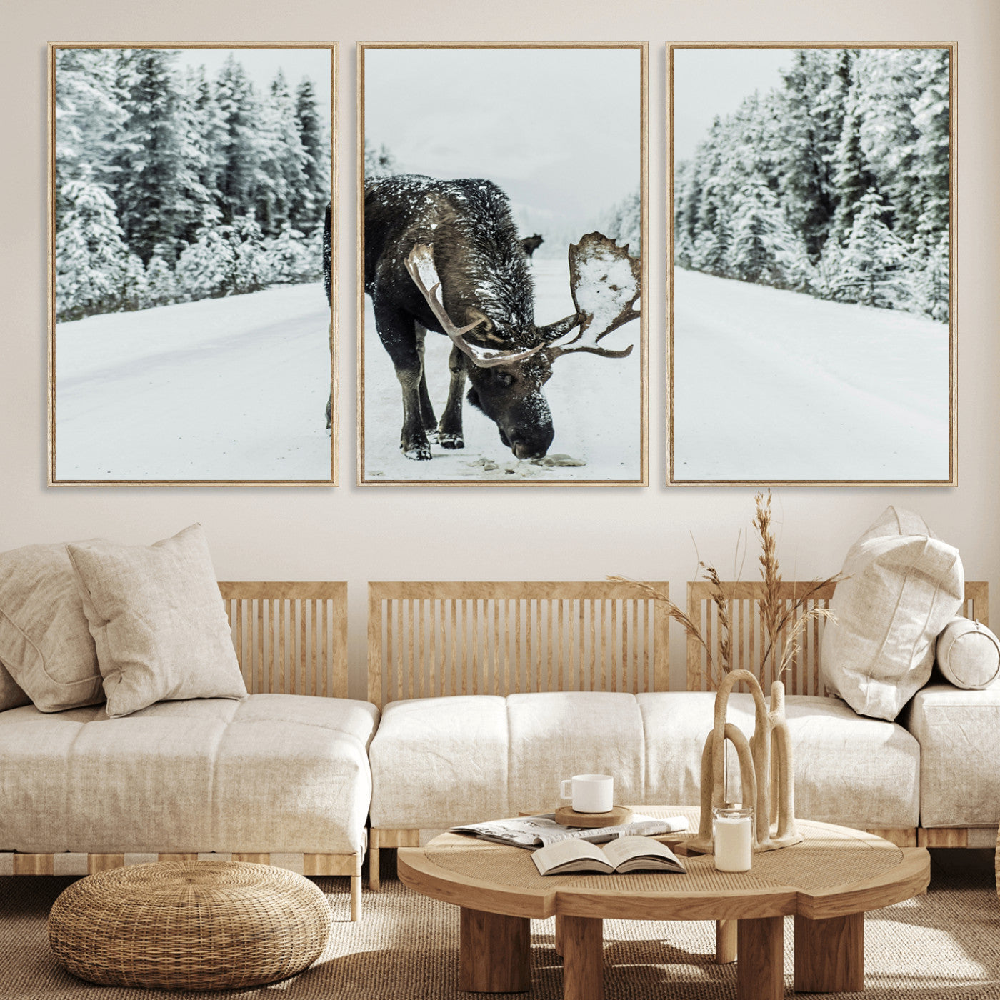 13316292-MGV-FC-60X30-3P_Natural-Moose in Snow Wall Art Canvas Print, Framed Winter Wildlife Art Picture Print, Snowy Forest Scene Perfect Rustic Lodge Decor