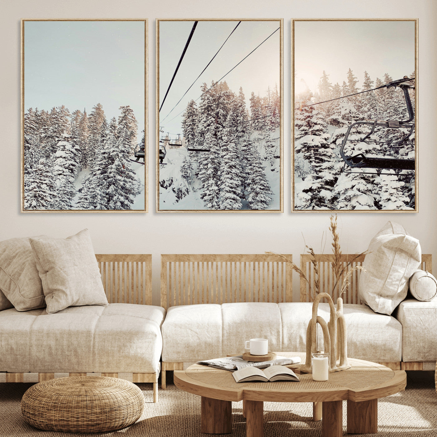 91534512-MGV-CV-36X24-Frosty Pines Wall Art Canvas Print, Framed Cozy Cabin View Art Picture Print, Ski Lift Ride Perfect Rustic Lodge Decor Artwork