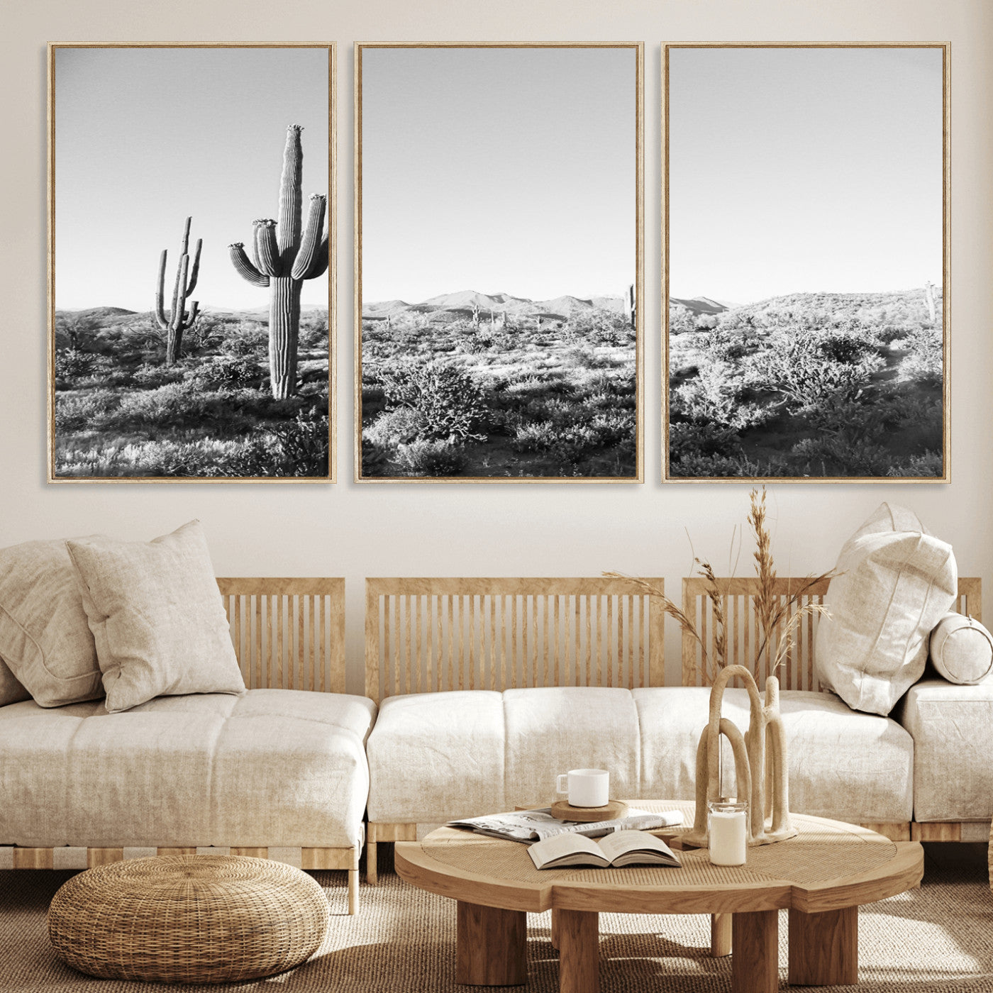85205054-MGV-FC-60X30-3P_Natural-Saguaro Cactus Wall Art Canvas Print, Framed Monochrome Landscape Art Picture Print, Scenic Arizona View Perfect Minimalist