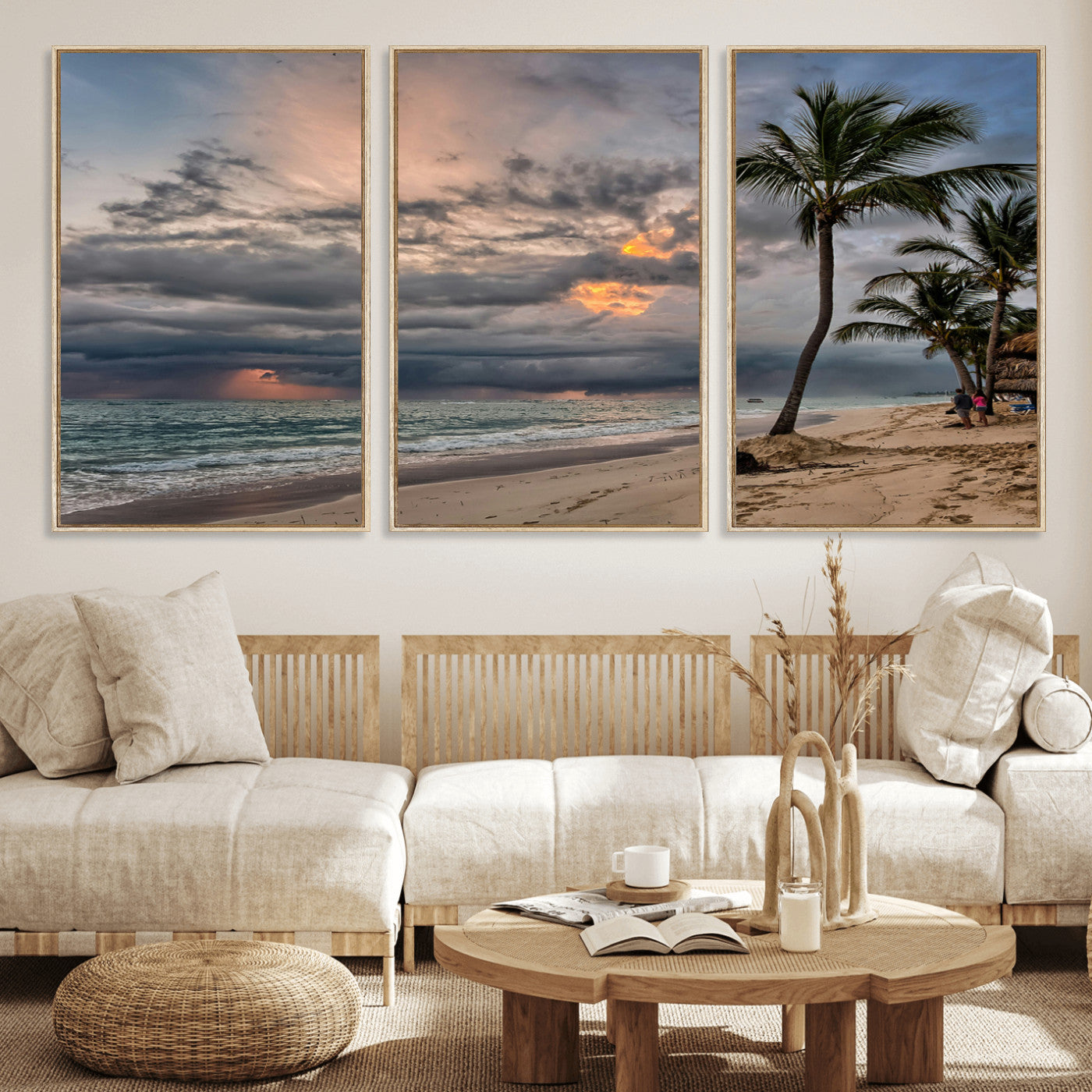 62574547-MGV-FC-60X30-3P_Natural-Tropical Storm Wall Art Canvas Print, Framed Moody Beach Art Picture Print, Dramatic Sky Perfect Tropical Coastal Decor Artwork