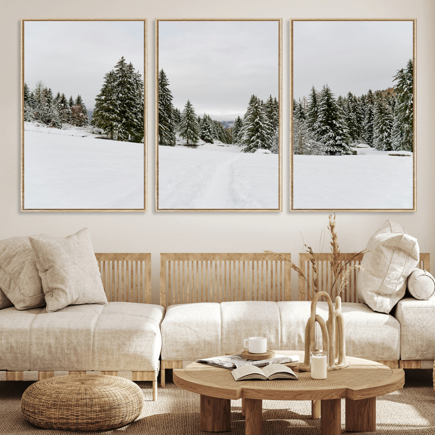 24581417-MGV-FC-60X30-3P_Natural-Frosty Pines Wall Art Canvas Print, Framed Silent Snowfall Art Picture Print, Cozy Cabin Vibes Perfect Nordic Minimalist Decor