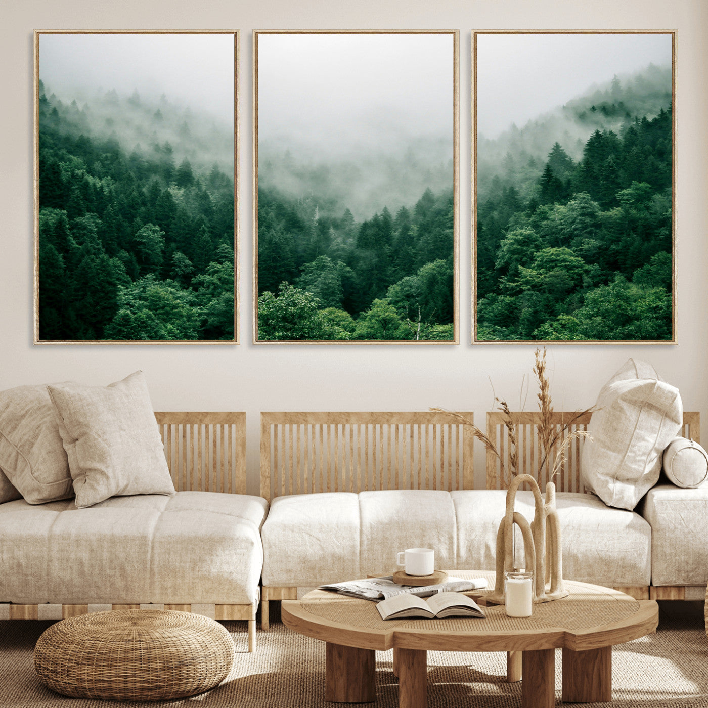 45265379-MGV-FC-60X30-3P_Natural-Misty Forest Wall Art – Green Mountain Pine Tree Landscape Canvas Print, Nature Photography Artwork Home Decor for Bedroom, Living