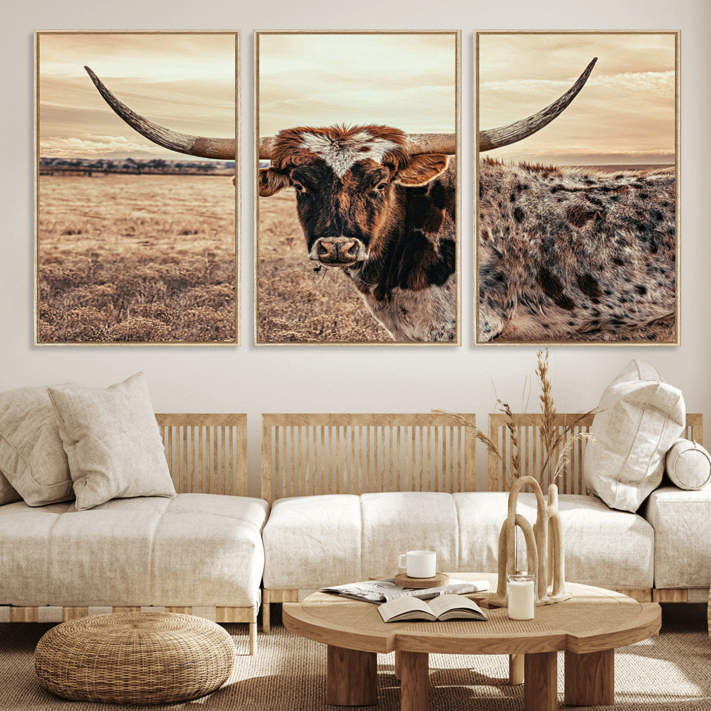 95745718-MGV-FC-60X30-3P_Natural-Texas Longhorn Wall Art – Western Cattle Photography Canvas Print, Rustic Ranch Animal Artwork Country Farmhouse Decor for Living