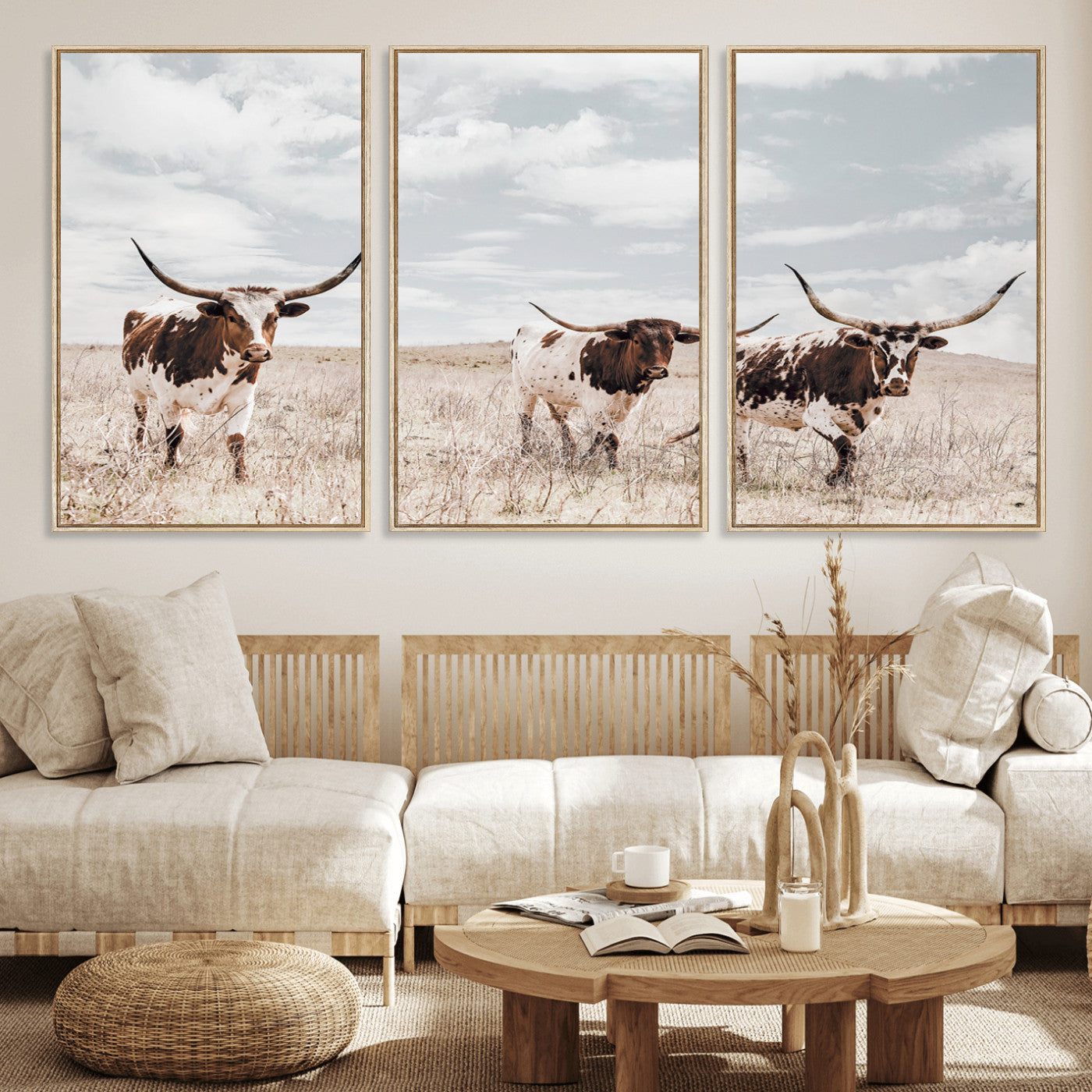 65621083-MGV-CV-36X24-Texas Longhorn Wall Art – Rustic Western Cattle Canvas Print, Southwestern Ranch Photography Decor for Living Room, Office,