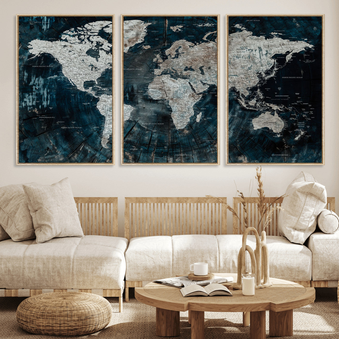 34425609-MGV-FC-60X30-3P_Natural-World Map Wall Art – Rustic Navy and Grey Atlas Canvas Print, Distressed Explorer Map Artwork, Industrial Style Decor for Office,