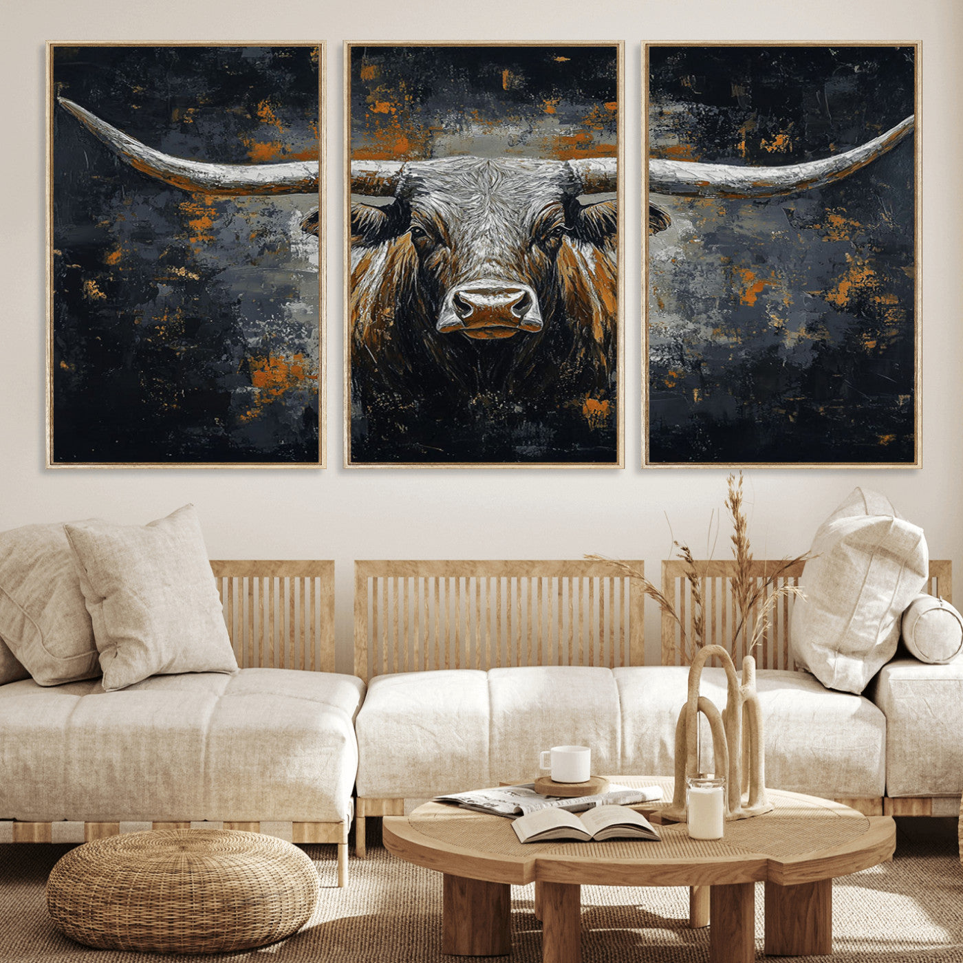 93195031-MGV-CV-36X24-Dark Longhorn Bull Wall Art – Western Steer Canvas Print, Moody Rustic Animal Painting for Man Cave, Ranch House, Office or Modern