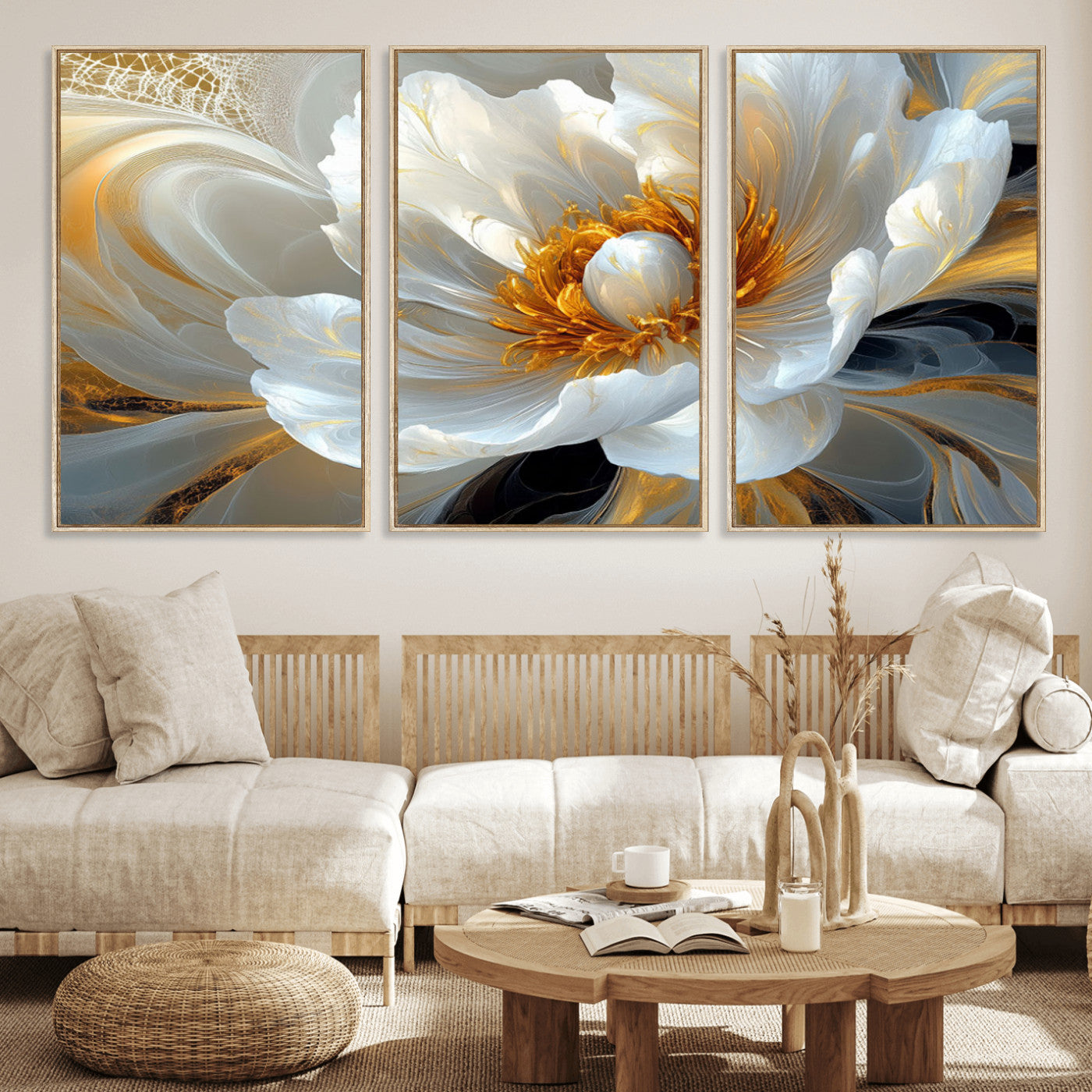 39604126-MGV-CV-36X24-Abstract Flower Wall Art – Elegant White and Gold Bloom Canvas Print, Modern Floral Artwork for Bedroom, Living Room, or Office