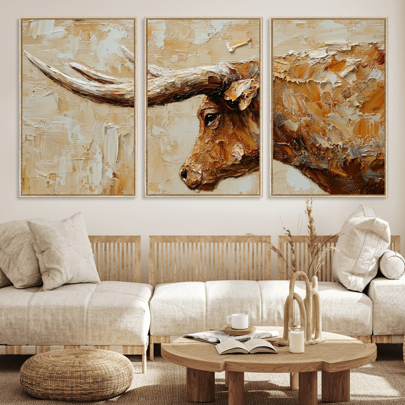 69611428-MGV-FC-60X30-3P_Natural-Longhorn Bull Wall Art – Rustic Western Canvas Print, Textured Farmhouse Cattle Painting for Living Room, Office, or Ranch House