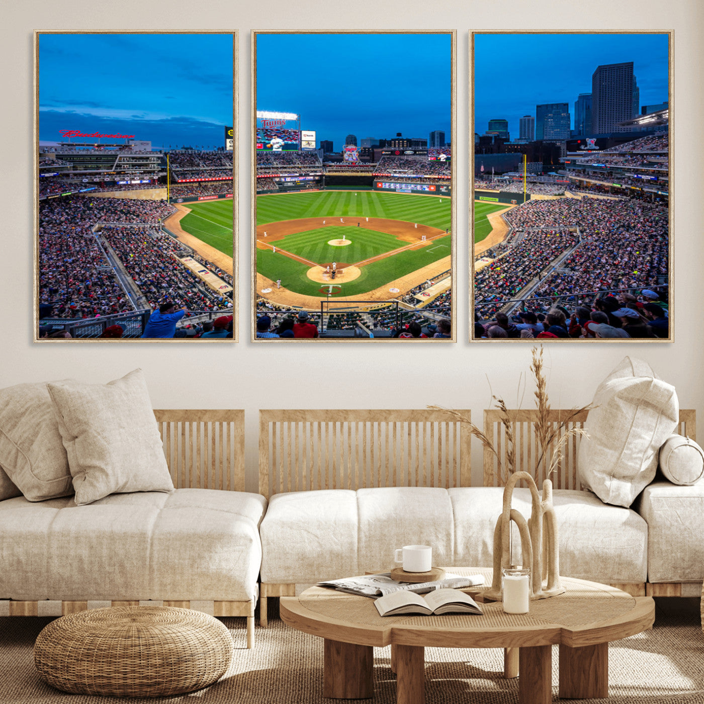 77273035-MGV-FC-60X30-3P_Natural-Baseball Stadium Wall Art – Panoramic Evening Game Canvas Print, Sports Fan Decor for Man Cave, Office, Bar, or Living Room