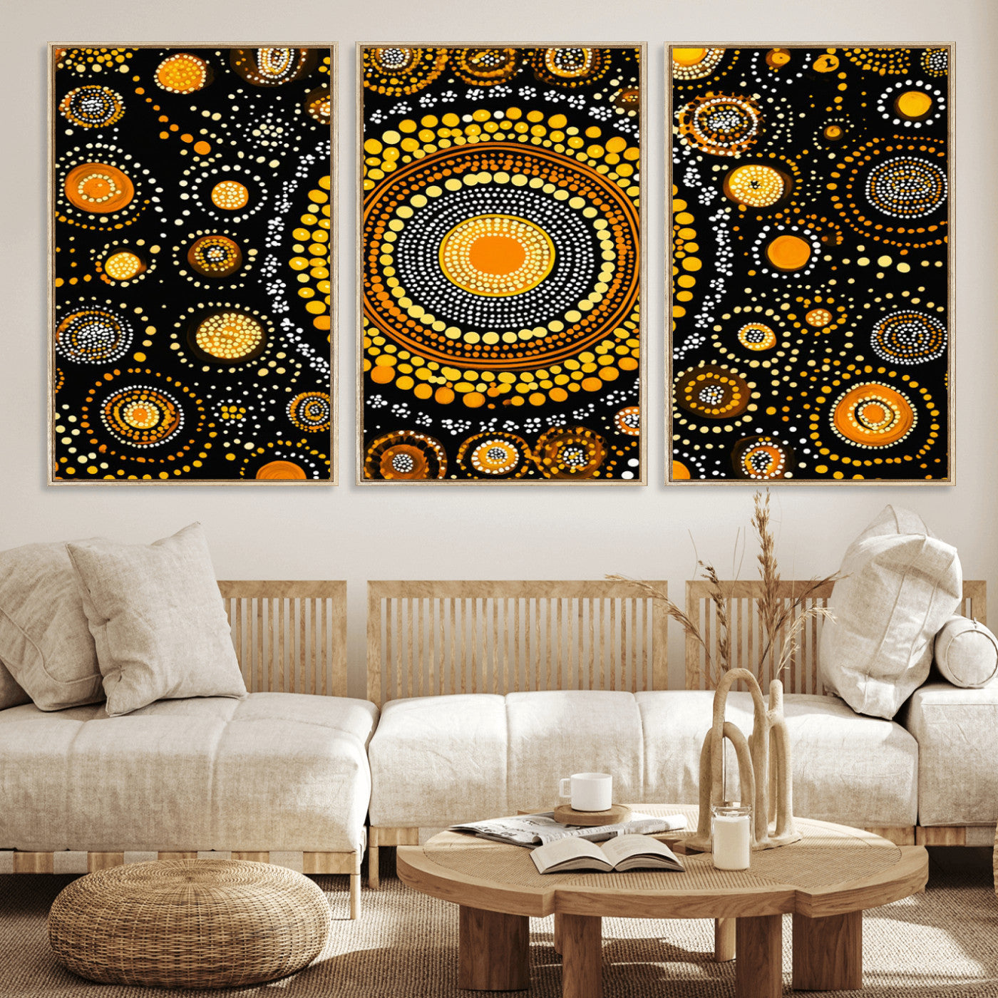 45478523-MGV-CV-36X24-Abstract Circle Wall Art – Bold Black and Gold Dot Painting Canvas Print, Modern Geometric Mandala Style Decor for Living Room or