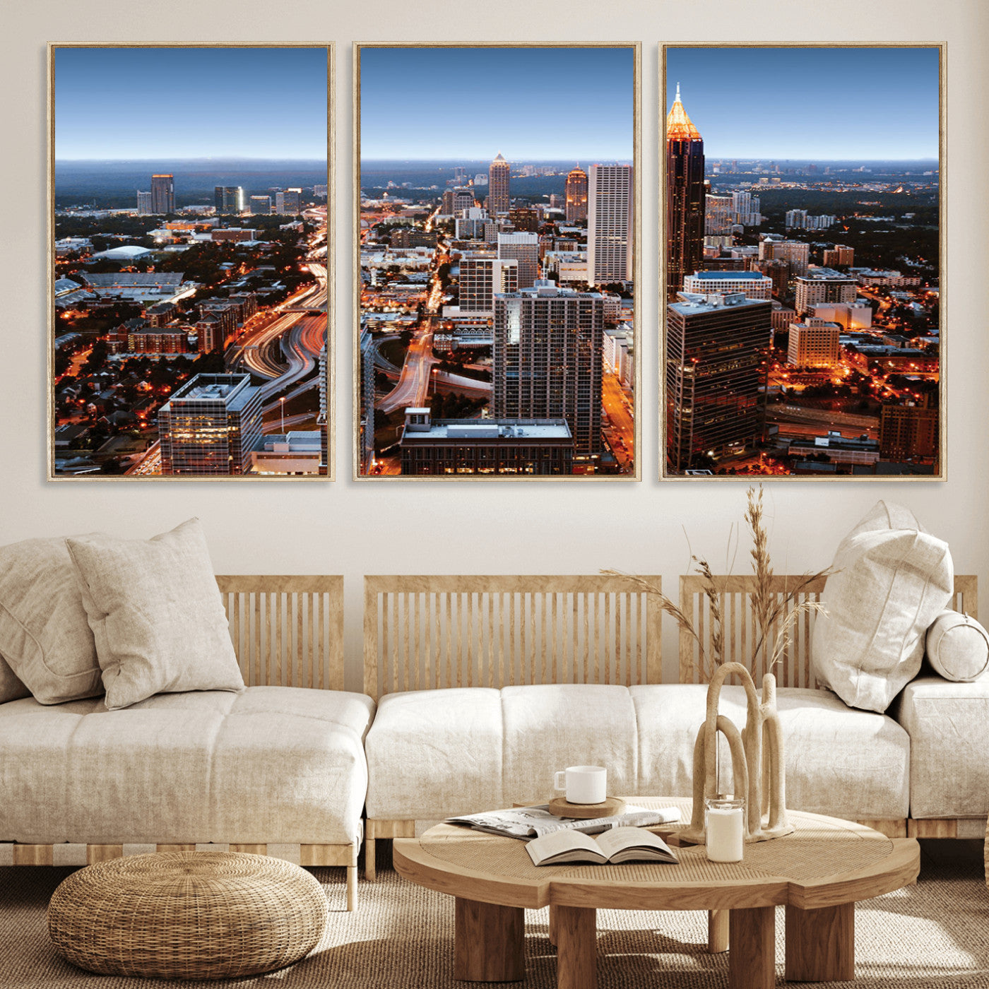 25096967-MGV-FC-60X30-3P_Natural-Atlanta Skyline Wall Art – Vibrant Cityscape Canvas Print, Modern Night Lights Urban Decor for Office, Living Room, or Apartment