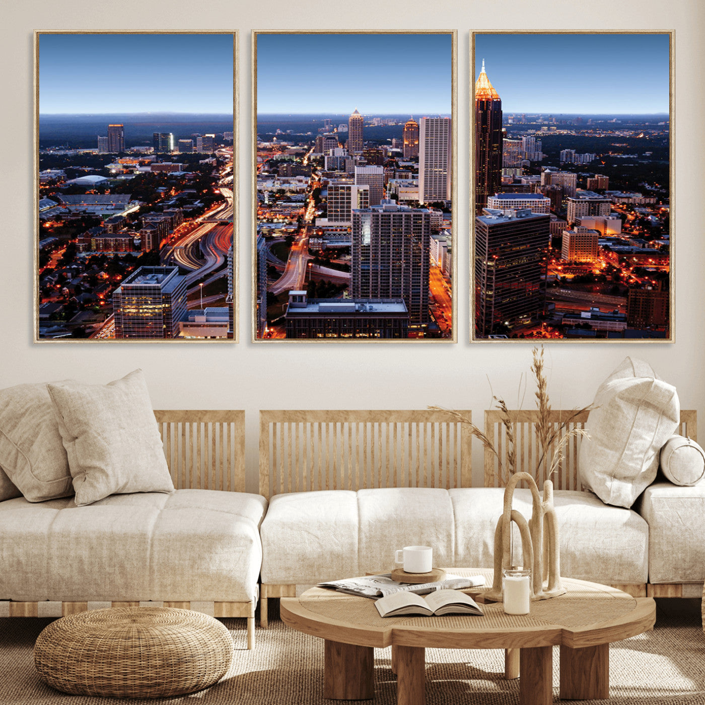 81886632-MGV-FC-60X30-3P_Natural-Atlanta Skyline Wall Art – Vibrant City Lights Canvas Print, Modern Urban Cityscape Decor for Living Room, Office, or Apartment
