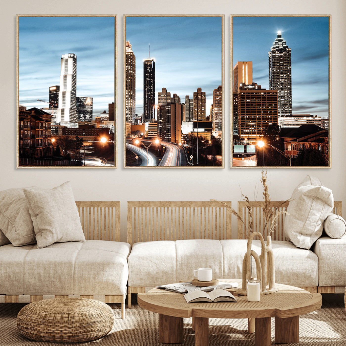 23859158-MGV-FC-60X30-3P_Natural-Atlanta Skyline Wall Art – Modern Cityscape Canvas Print with Night Lights and Traffic Trails, Urban Decor for Office, Apartment,