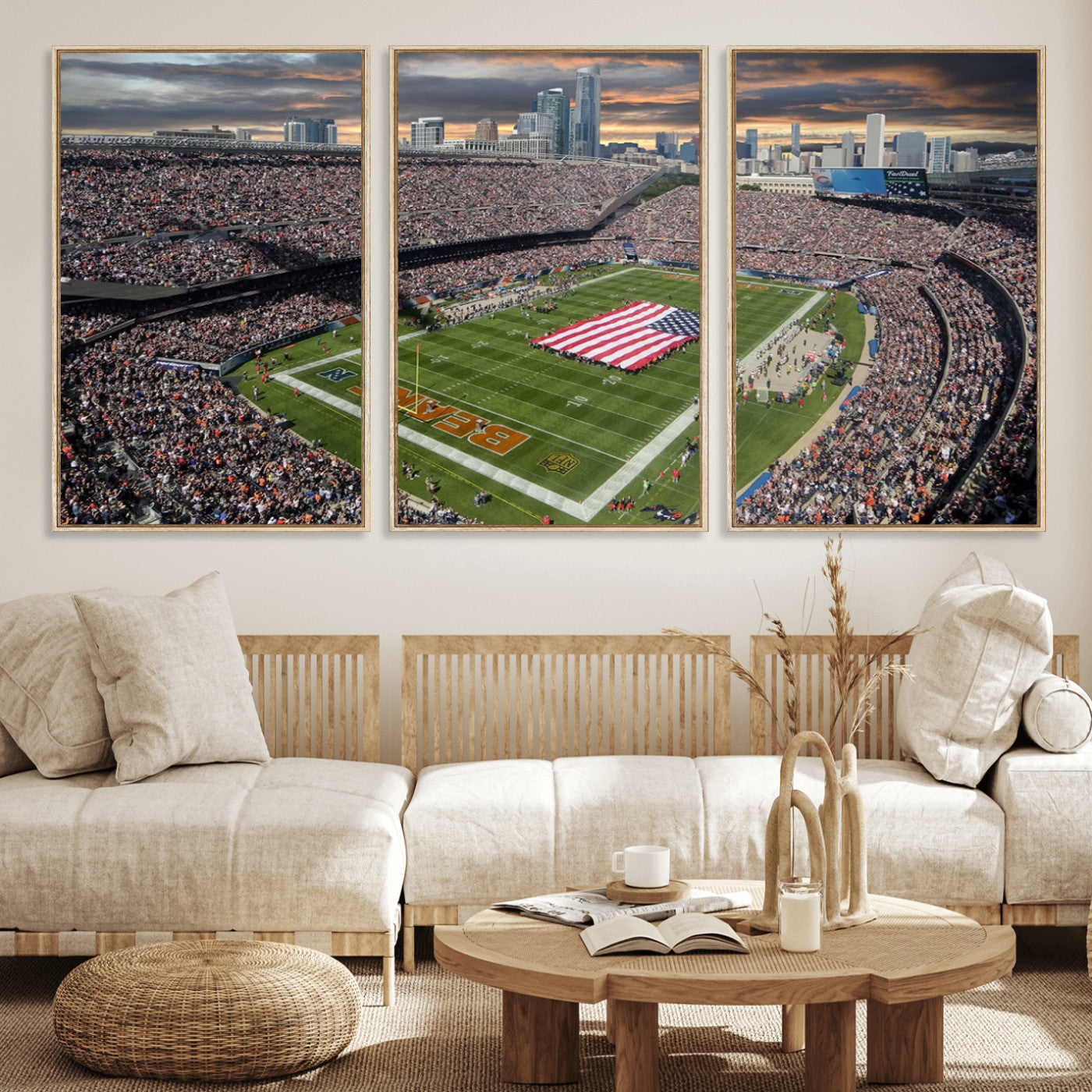 98106777-MGV-FC-60X30-3P_Natural-Soldier Field Wall Art – Chicago Bears Stadium Canvas Print with American Flag, Game Day Football Decor for Man Cave, Bar, or