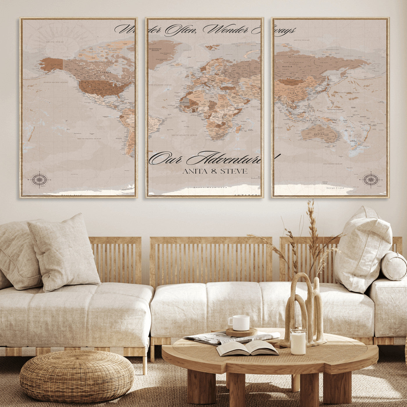 95243244-MGV-FC-60X30-3P_Natural-Wander Often Wonder Always World Map Wall Art – Neutral Beige Adventure Canvas Print, Rustic Boho Travel Decor for Bedroom, Living