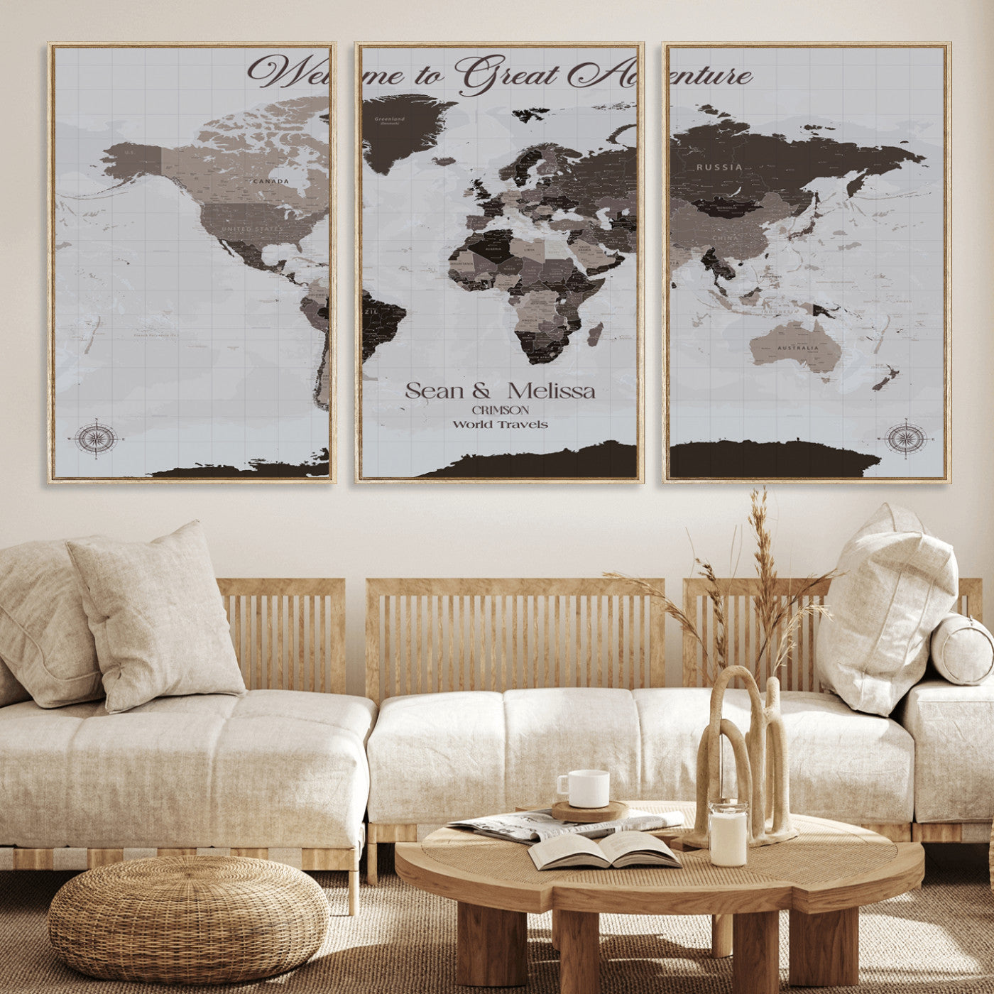 43749658-MGV-FC-60X30-3P_Natural-Welcome to Great Adventure World Map Wall Art – Charcoal Gray Canvas Print, Rustic Travel Decor for Living Room, Study, Office or