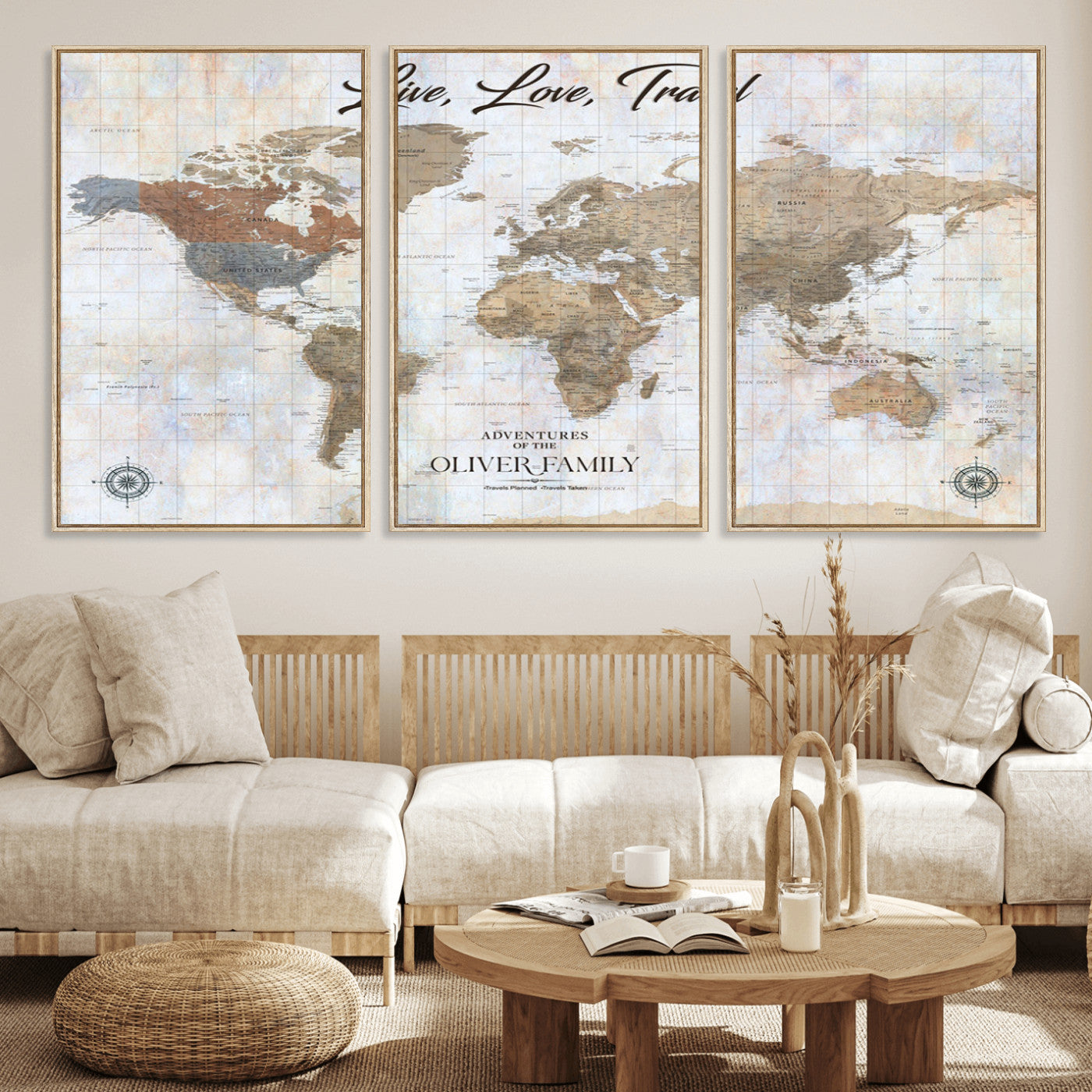 43924907-MGV-FC-60X30-3P_Natural-Live Love Travel Wall Art – Neutral World Map Canvas Print, Rustic Adventure Decor for Home, Office or Living Room, Unique Gift