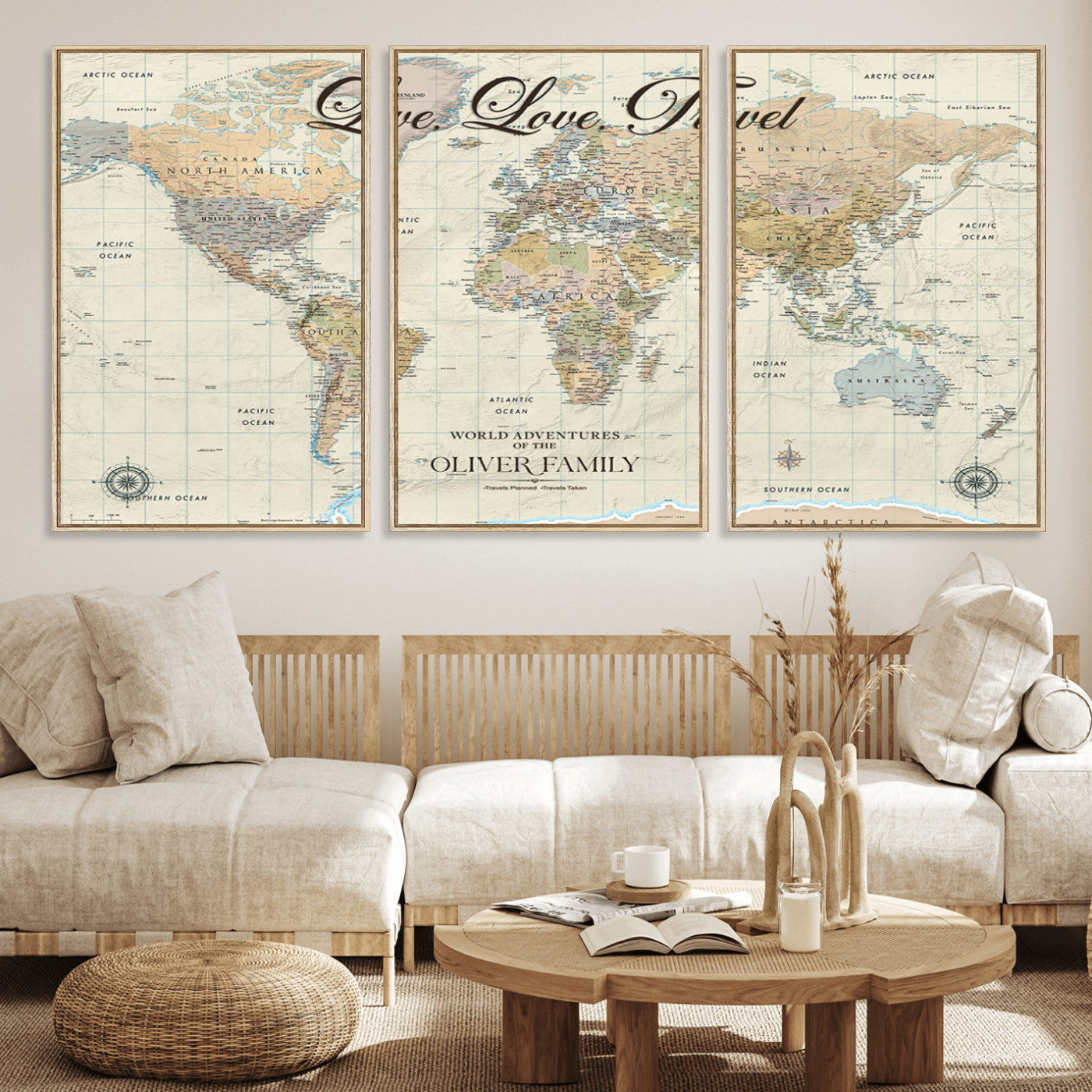 19479008-MGV-FC-60X30-3P_Natural-Live Love Travel Wall Art – Detailed World Map Canvas Print, Adventure Decor for Living Room, Office or Bedroom, Travel Gift for