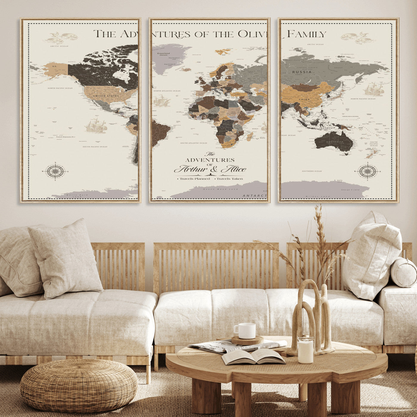 38723540-MGV-FC-60X30-3P_Natural-Adventures of the Oliver Family Wall Art – Earth Tone World Map Canvas Print, Minimalist Travel Decor for Living Room, Bedroom or