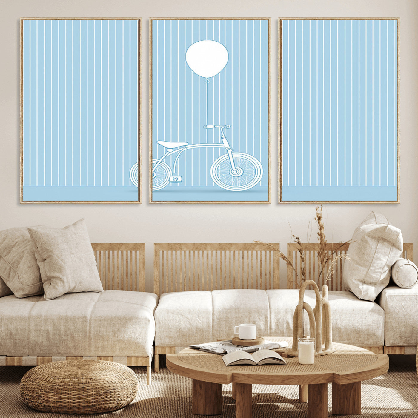 56479838-MGV-FC-60X30-3P_Natural-Bicycle Wall Art – Minimalist Blue Canvas Print with Balloon Illustration, Modern Decor Artwork for Kids Room, Nursery, or Living