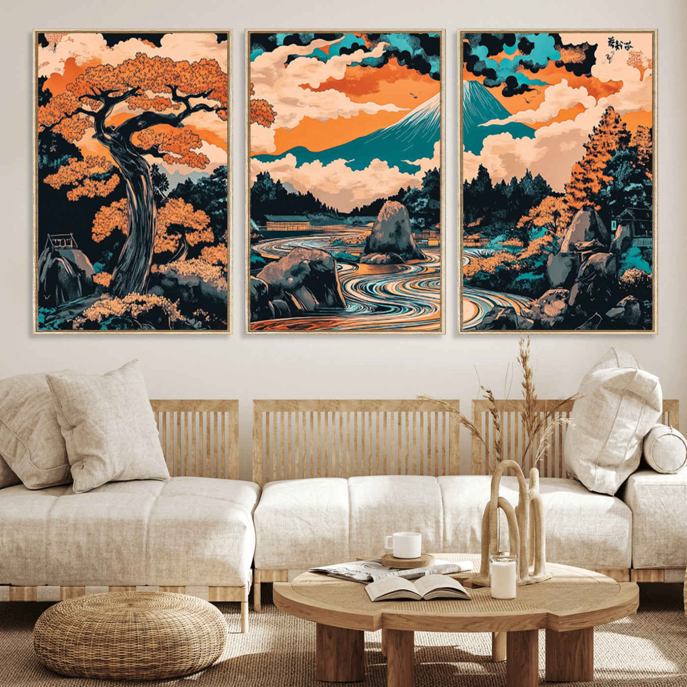 21638941-MGV-FC-60X30-3P_Natural-Japanese Landscape Wall Art – Mount Fuji and Flowing River Ukiyo-e Style Canvas Print, Traditional Japan Inspired Artwork for