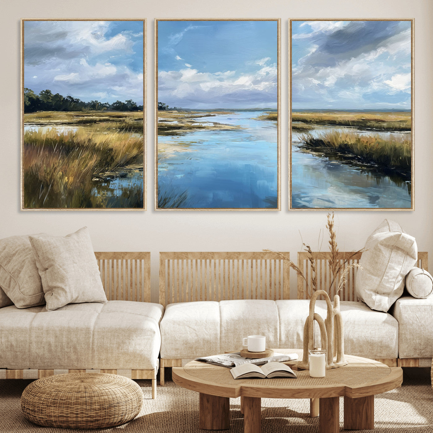 87082041-MGV-FC-60X30-3P_Natural-Marshland Landscape Wall Art – Serene Nature Canvas Print with Blue Sky and Reflections, Tranquil Scenic Painting for Living Room,