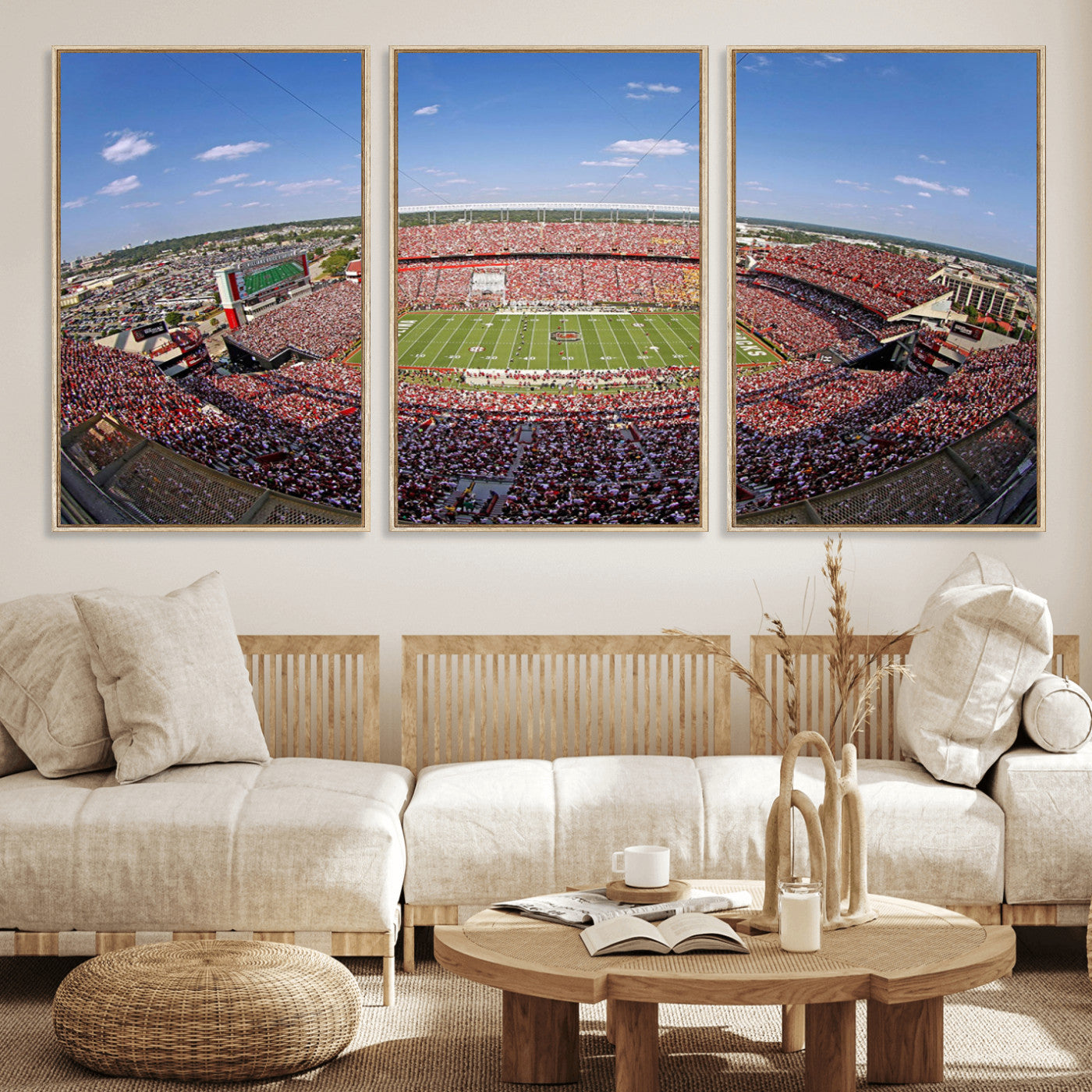 29492070-MGV-FC-60X30-3P_Natural-Stadium Wall Art – Panoramic College Football Canvas Print, Game Day Crowd and Field Scene, Sports Photography Decor for Office,