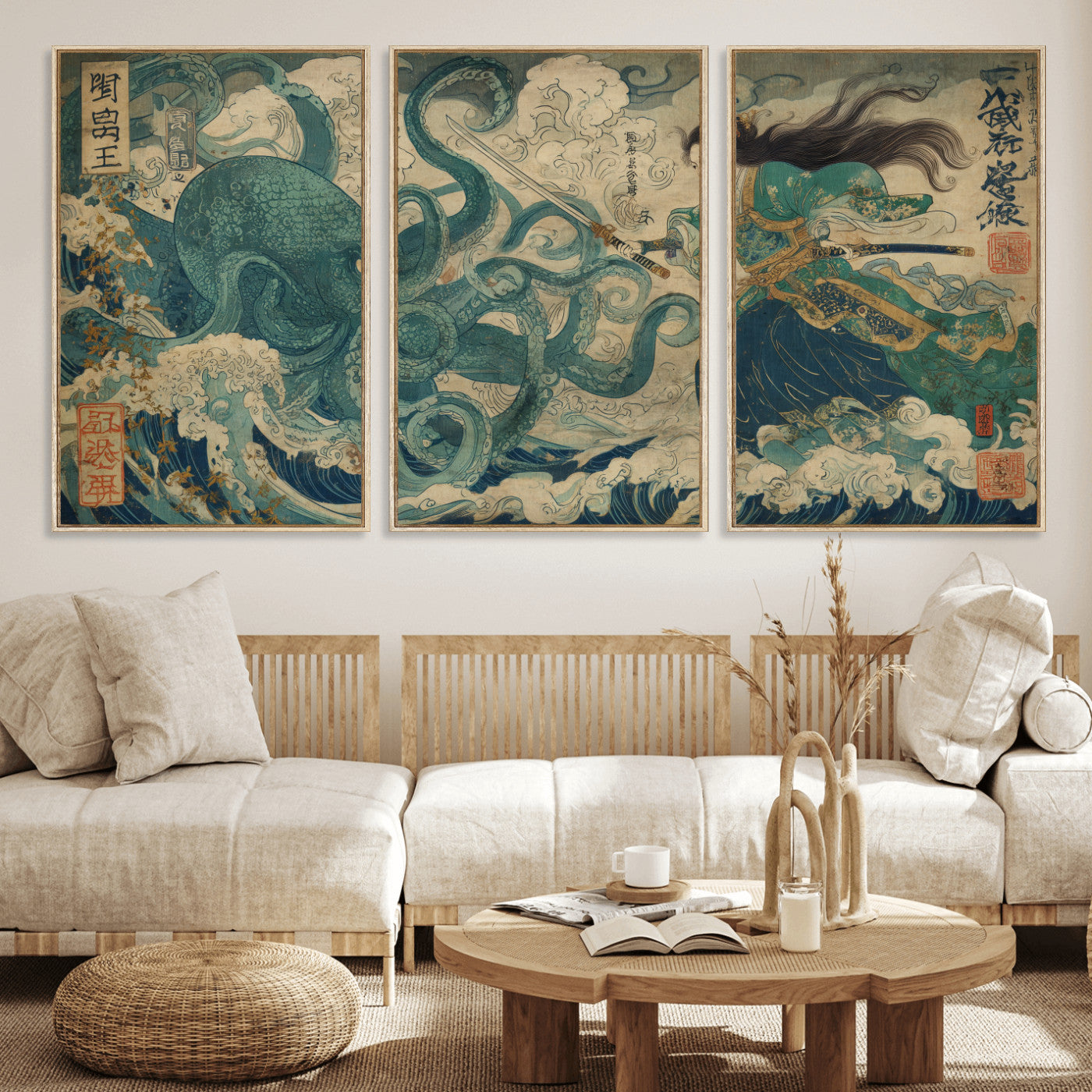 60346622-MGV-FC-60X30-3P_Natural-Samurai Warrior vs Octopus Wall Art – Japanese Ukiyo-e Style Ocean Battle Canvas Print, Traditional Samurai Artwork for Living