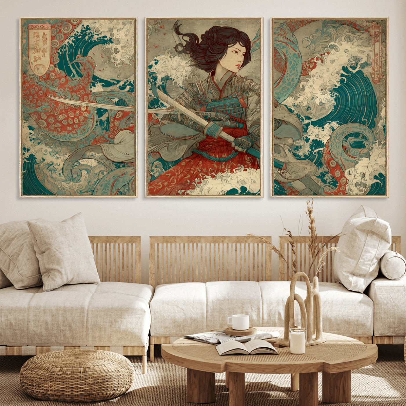 37797255-MGV-FC-60X30-3P_Natural-Samurai Woman vs Octopus Wall Art – Japanese Ukiyo-e Red Armor Ocean Battle Canvas Print, Warrior Artwork for Living Room, Office,