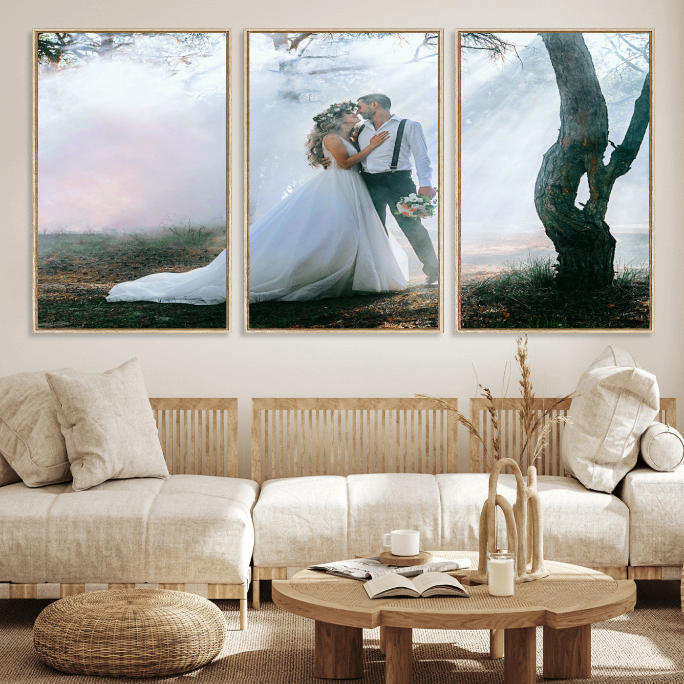 CSTM913-MGV-FC-60X30-3P_Natural-Framed Wedding Canvas Print - Custom Wall Art Keepsake for Couples, Elegant Home Decoration Gift, Create Your Own Photo Canvas