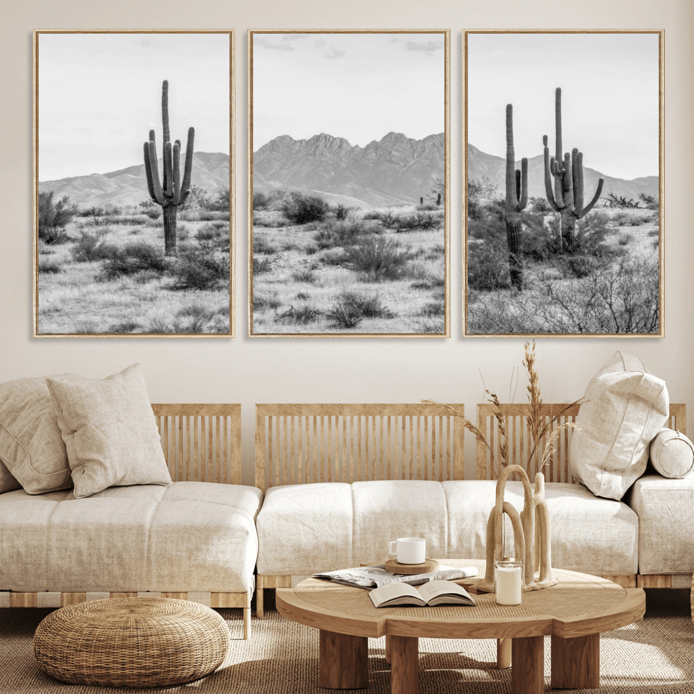 97436PHN-MGV-CV-36X24-Desert Landscape Wall Art – Black and White Cactus and Mountain Canvas Print, Southwestern Nature Photography for Living Room,