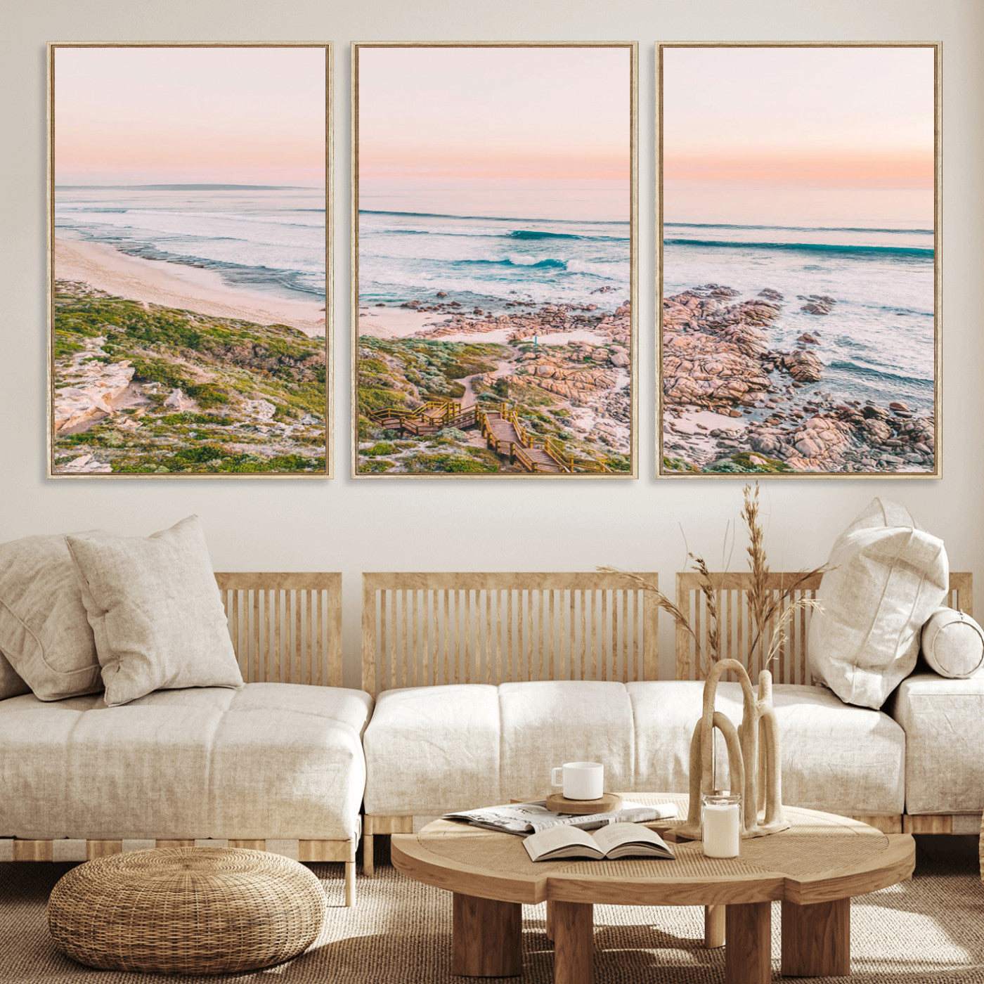 27332135-MGV-FC-60X30-3P_Natural-Coastal Sunset Wall Art – Ocean Waves and Rocky Shore Canvas Print, Scenic Seaside Photography Decor for Bedroom, Living Room,