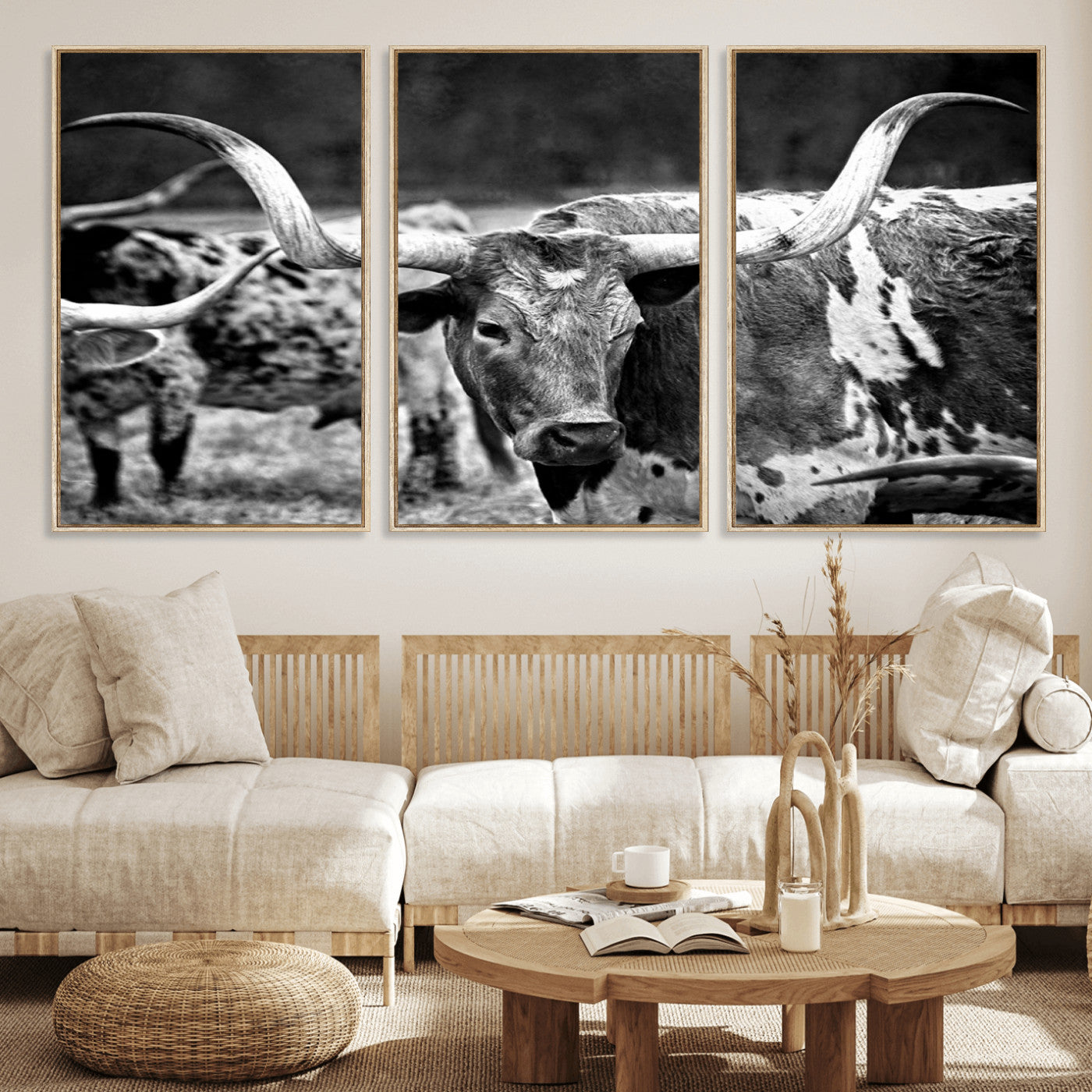 15425553-MGV-CV-36X24-Western Wall Art – Longhorn Cattle Black and White Canvas Print, Rustic Ranch Photography Decor for Bedroom, Living Room, Office,
