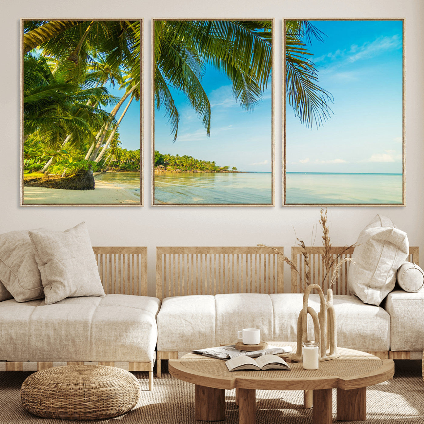 65056721-MGV-FC-60X30-3P_Natural-Tropical Beach Wall Art – Palm Tree Coastal Photography Print, Relaxing Ocean Paradise Landscape, Island Seascape Home or Office