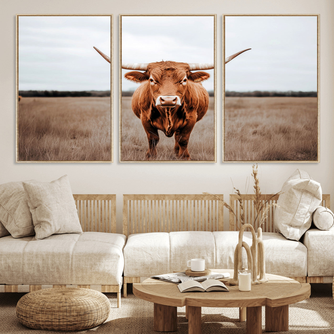 16316734-MGV-FC-60X30-3P_Natural-Texas Longhorn Wall Art – Rustic Bull Portrait Canvas Print, Western Farmhouse Animal Photography Decor for Living Room, Office,