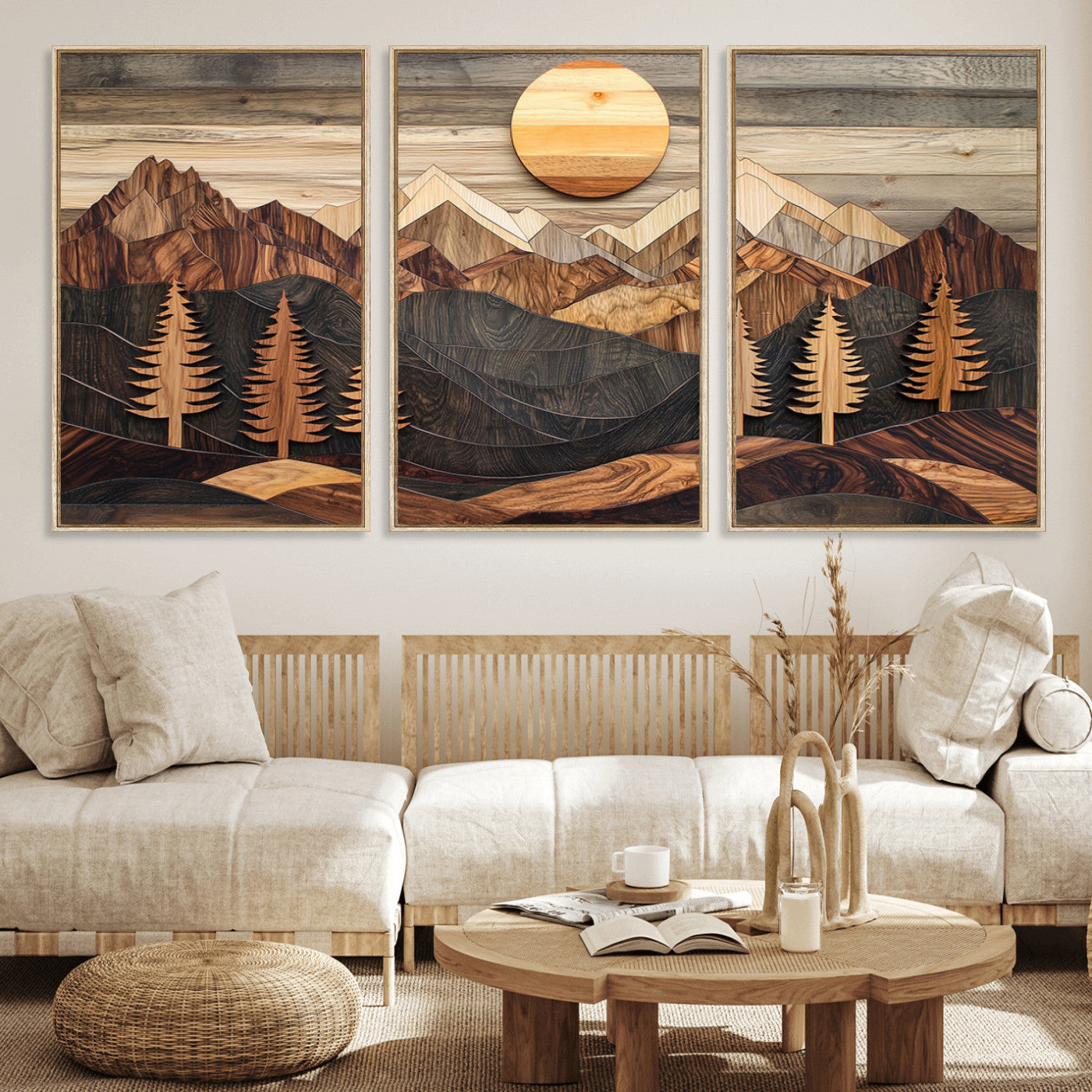 90044381-MGV-FC-60X30-3P_Natural-Rustic Wall Art – Wooden Mountain Landscape with Sun and Pine Trees, Handcrafted Nature Canvas Style Decor for Bedroom, Living