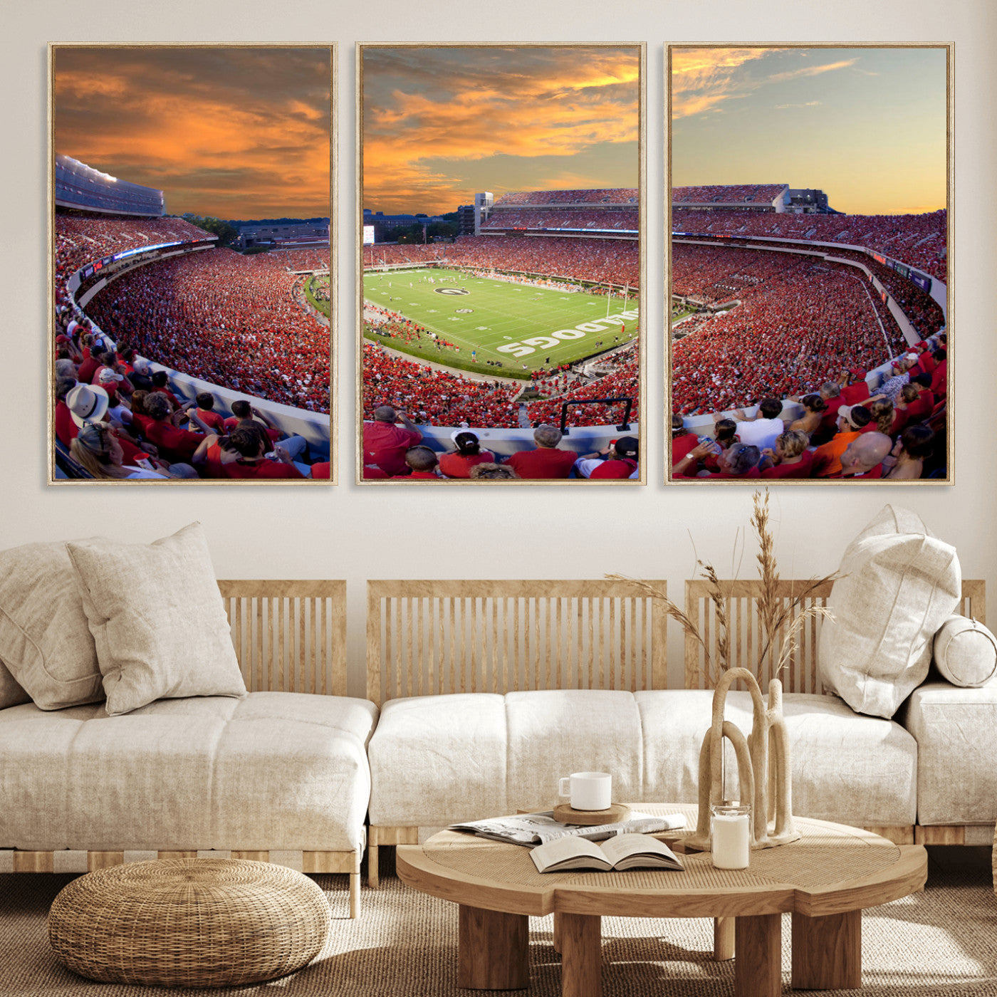 73680988-MGV-FC-60X30-3P_Natural-Sanford Stadium Wall Art – Georgia Bulldogs Football Sunset Game Canvas Print, College Sports Decor for Man Cave, Bar, Office, or