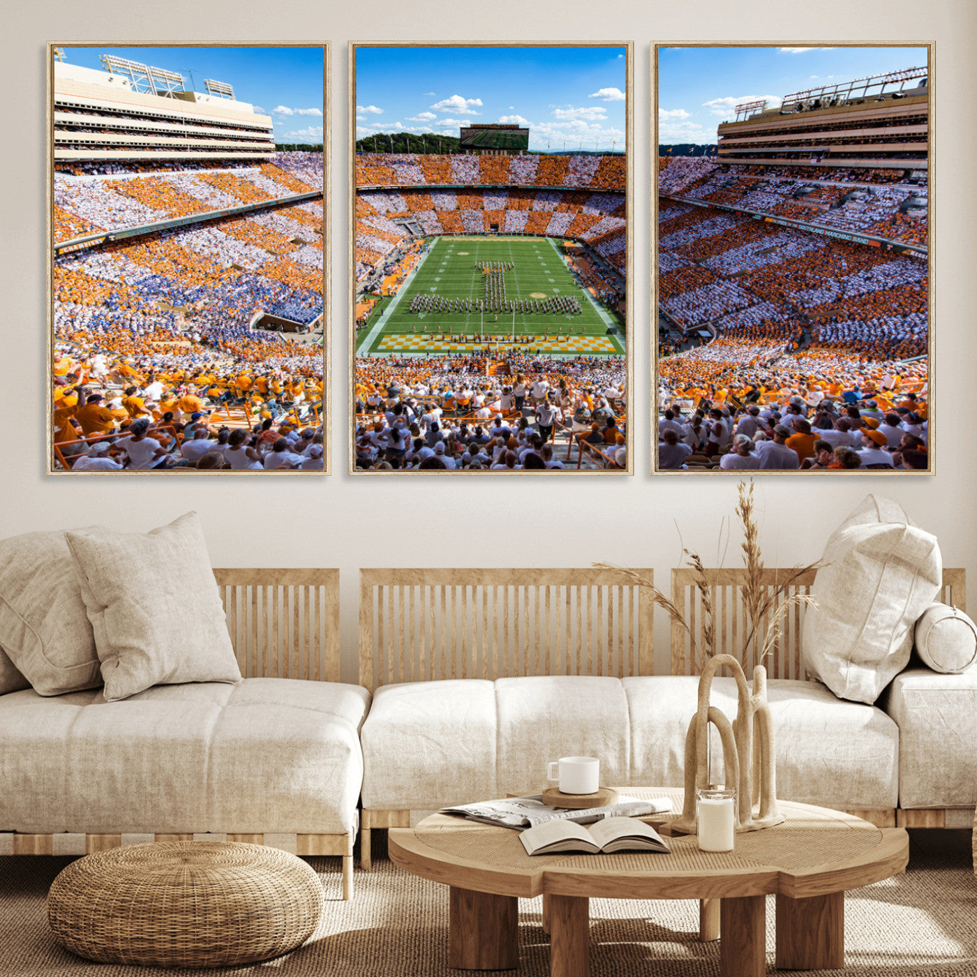 64238859-MGV-FC-60X30-3P_Natural-Neyland Stadium Wall Art – Tennessee Volunteers Checkerboard Game Day Canvas Print, College Football Panorama Decor for Man Cave