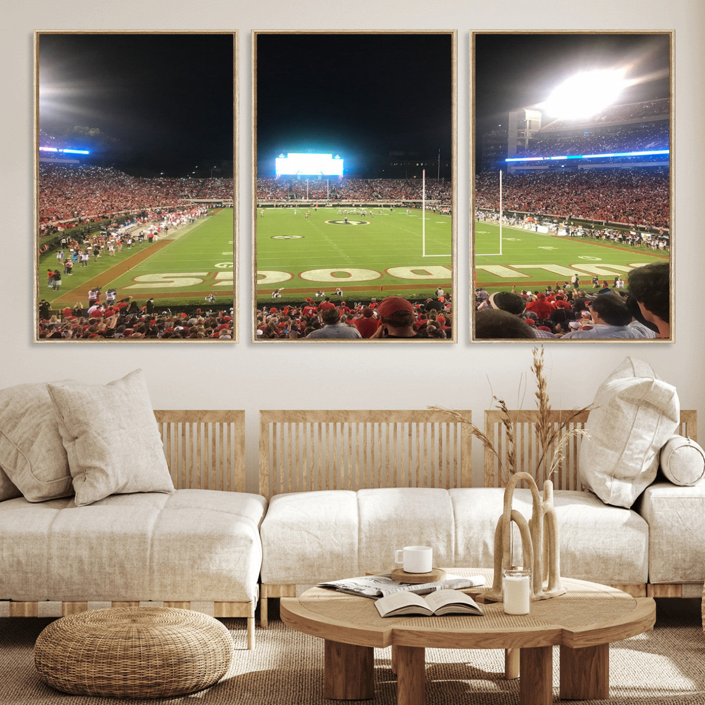 16230786-MGV-FC-60X30-3P_Natural-Georgia Bulldogs Stadium Wall Art – Night Game Football Field Canvas Print, Panoramic Sports Decor for Home, Office, Fan Cave