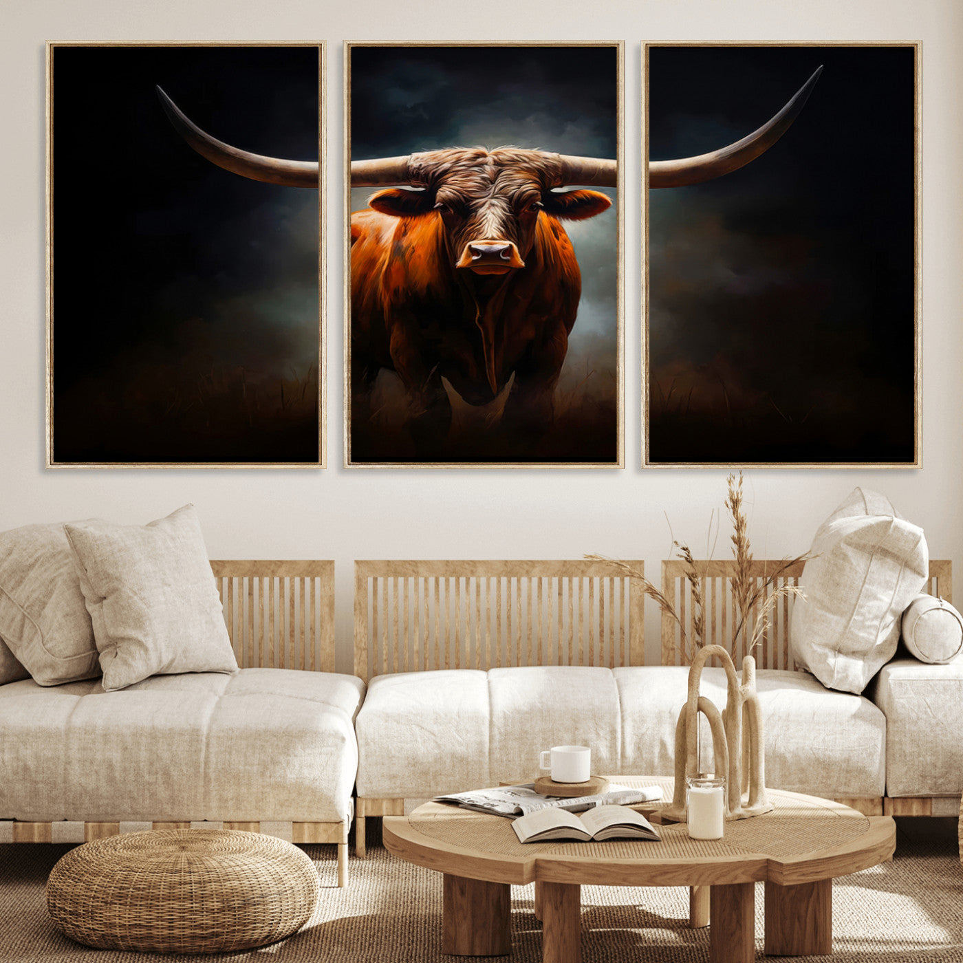 12484-MGV-FC-60X30-3P_Natural-Texas Longhorn Wall Art Canvas Print, Framed Western Bull Art Picture Print, Moody Cattle Perfect Moody Western Decor Artwork